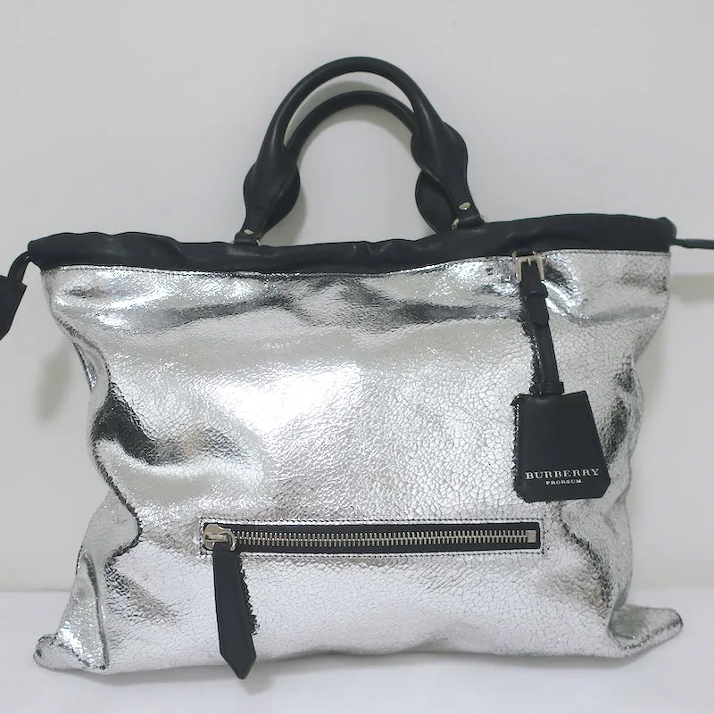 Burberry Prorsum Big Crush Tote Silver Cracked Leather Large Shoulder Bag