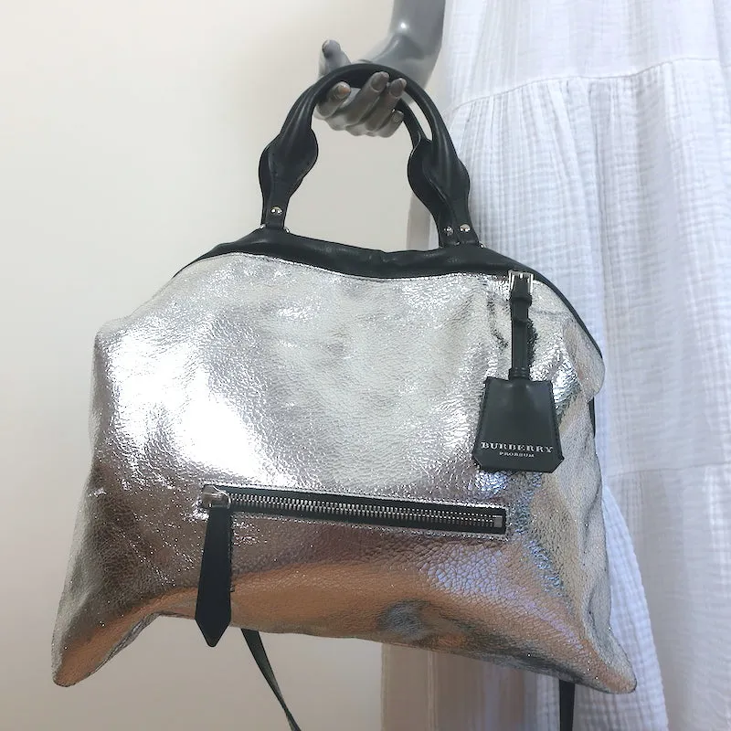 Burberry Prorsum Big Crush Tote Silver Cracked Leather Large Shoulder Bag