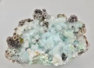 Calcite on Chrysocolla, Zacatecas, Mexico, Mined c. late 1970's, Ron Roberts Collection MX-14, Miniature 3.5 x 4.0 x 7.0 cm, $45.  Online  9/5.