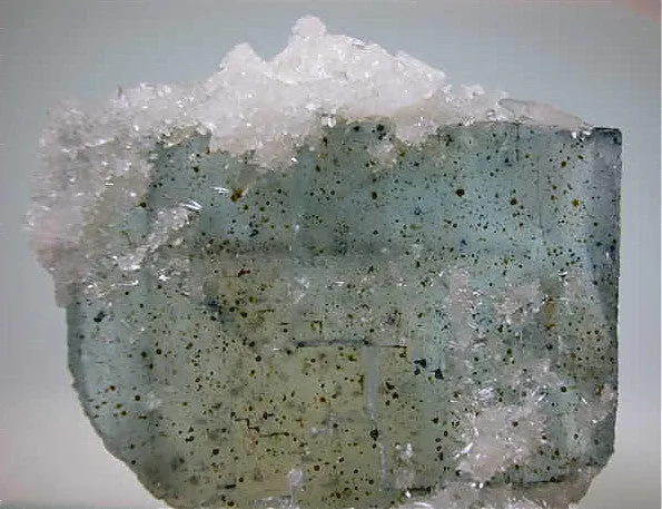 Calcite on Fluorite, Bethel Level Annabel Lee Mine, Ozark-Mahoning Company, Harris Creek District, Southern Illinois, Mined c. 1986-1990, Tolonen Collection, Miniature 2.0 x 5.0 x 7.0 cm, $125.  Online 1/13. SOLD.