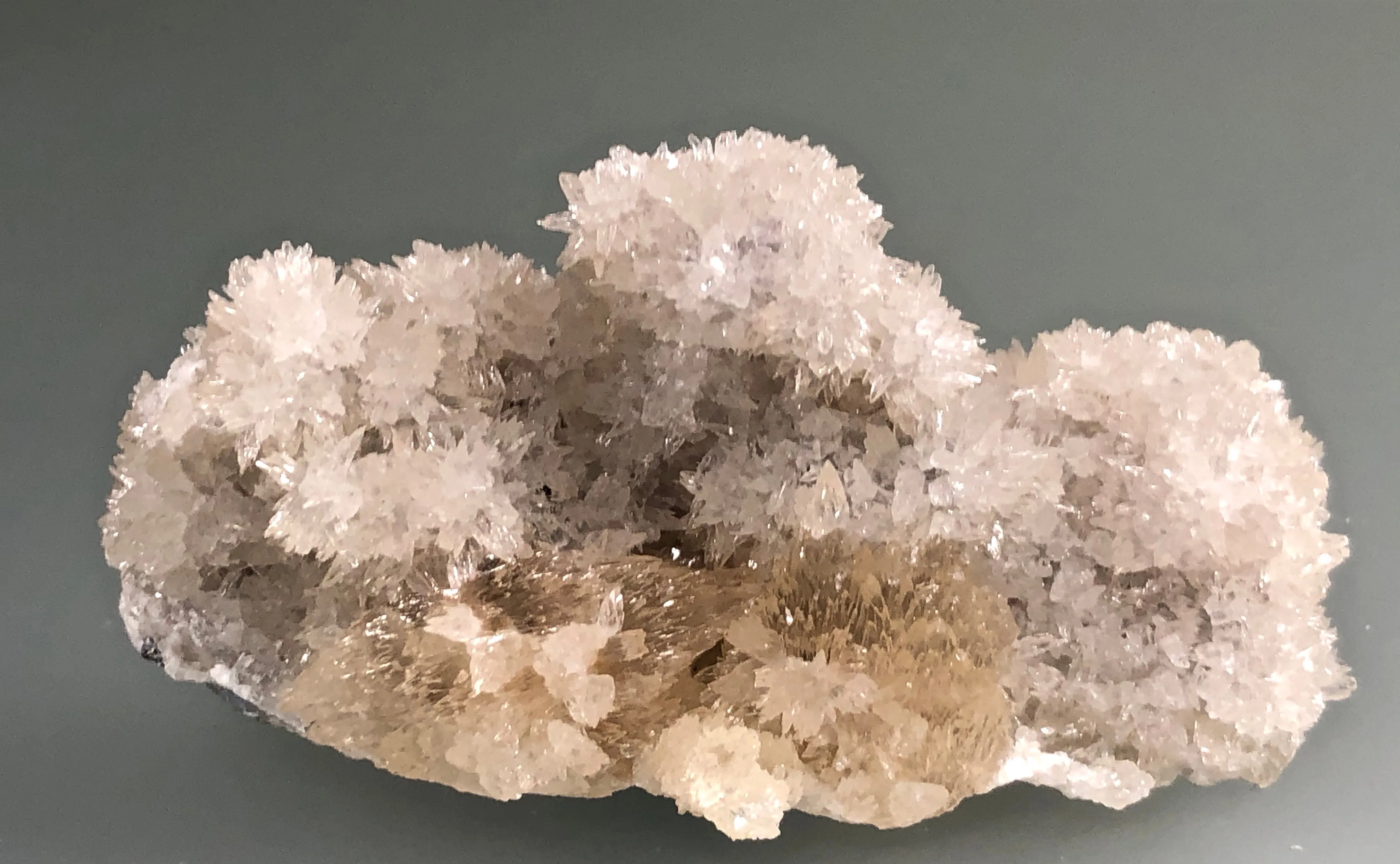 Calcite on Fluorite, Bethel Level attr., Ozark-Mahoning Company attr., Cave-in-Rock District, Southern Illinois, Mined c. 1970's, Ron Roberts Collection C-16, Miniature 2.0 x 3.5 x 6.5 cm, $20.  Online September 14.