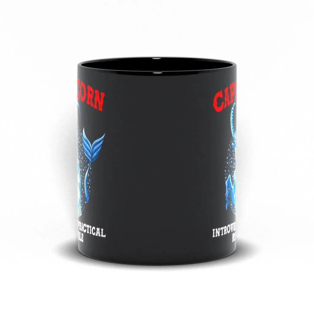 Capricorn Qualities  Introvert, Practical, Reliable Black Mugs, Capricon Zodiac design Mug, Capricon Gift ideas, December Born, January Born