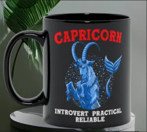 Capricorn Qualities  Introvert, Practical, Reliable Black Mugs, Capricon Zodiac design Mug, Capricon Gift ideas, December Born, January Born