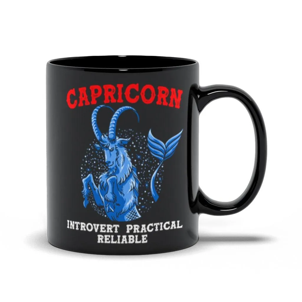 Capricorn Qualities  Introvert, Practical, Reliable Black Mugs, Capricon Zodiac design Mug, Capricon Gift ideas, December Born, January Born