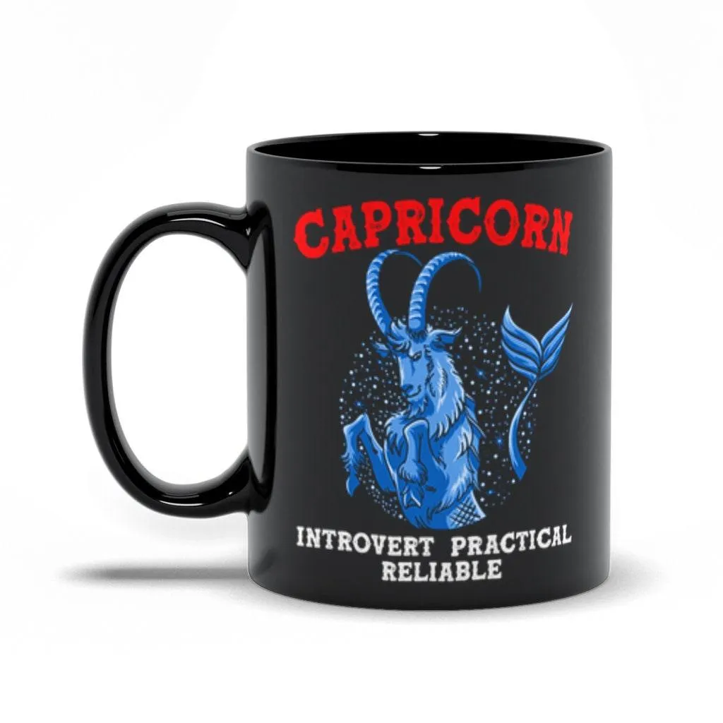 Capricorn Qualities  Introvert, Practical, Reliable Black Mugs, Capricon Zodiac design Mug, Capricon Gift ideas, December Born, January Born