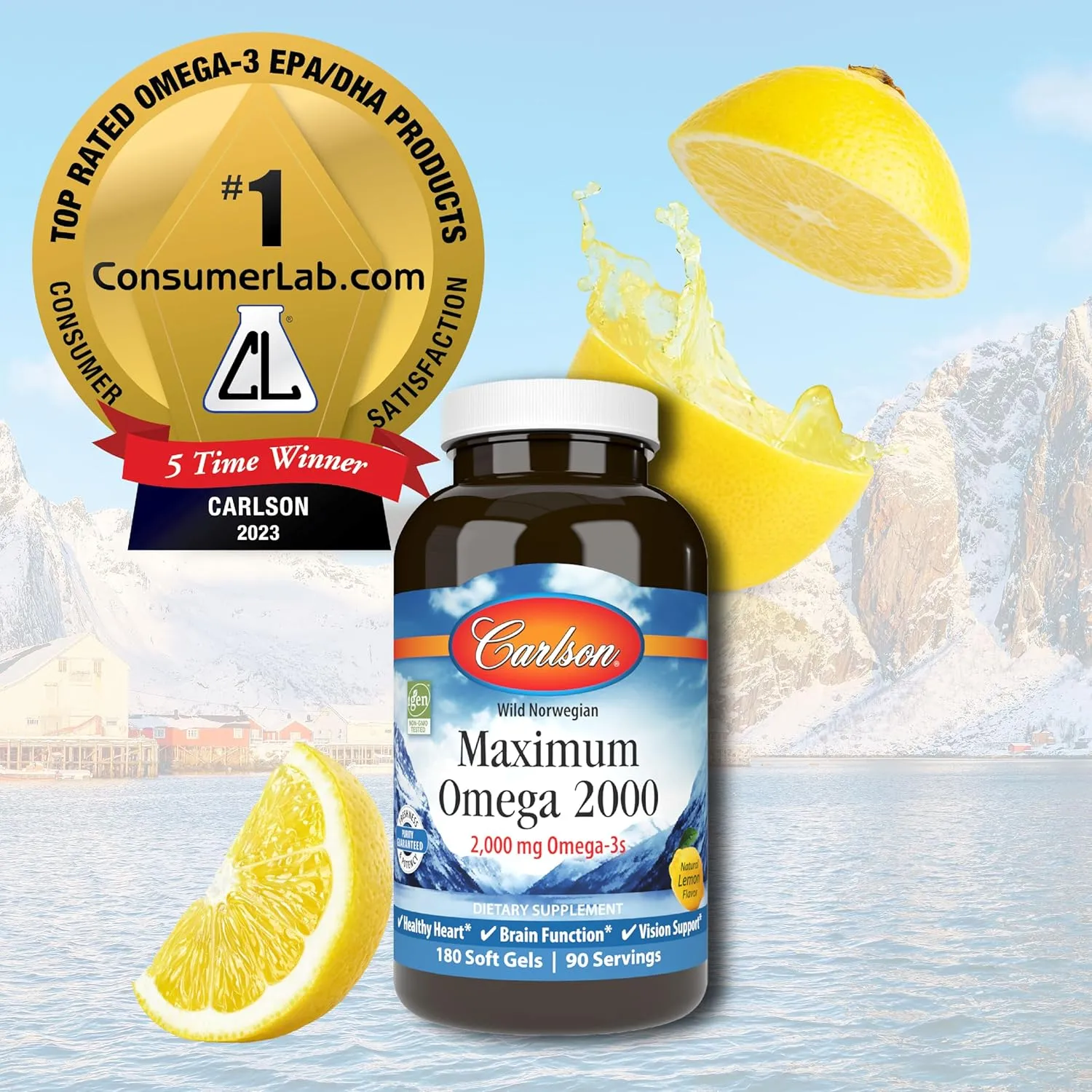 Carlson - Maximum Omega 2000, 2000 mg Omega-3 Fatty Acids Including EPA and DHA, Wild-Caught, Norwegian Fish Oil Supplement, Sustainably Sourced Fish Oil Capsules, Lemon, 180 Softgels