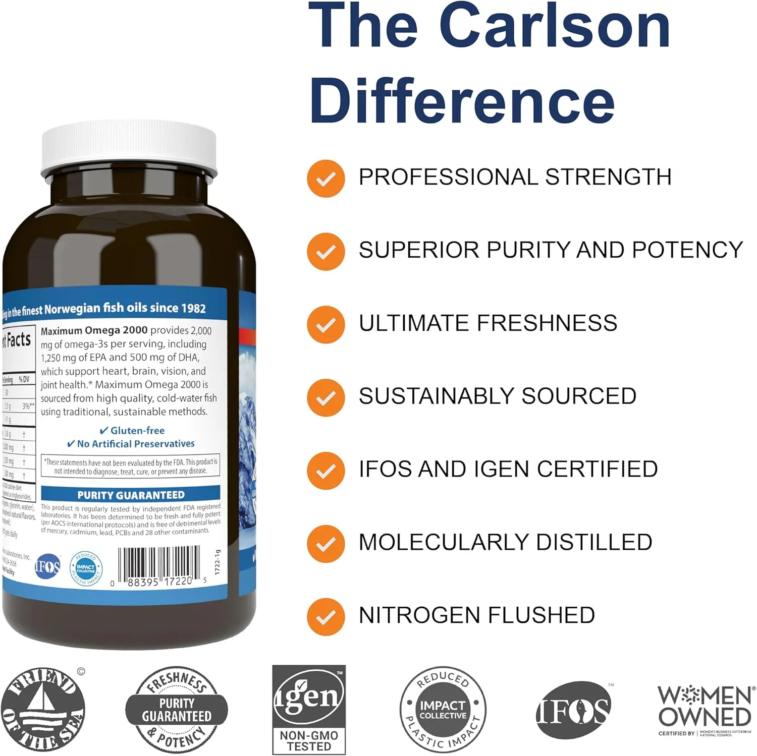 Carlson - Maximum Omega 2000, 2000 mg Omega-3 Fatty Acids Including EPA and DHA, Wild-Caught, Norwegian Fish Oil Supplement, Sustainably Sourced Fish Oil Capsules, Lemon, 180 Softgels