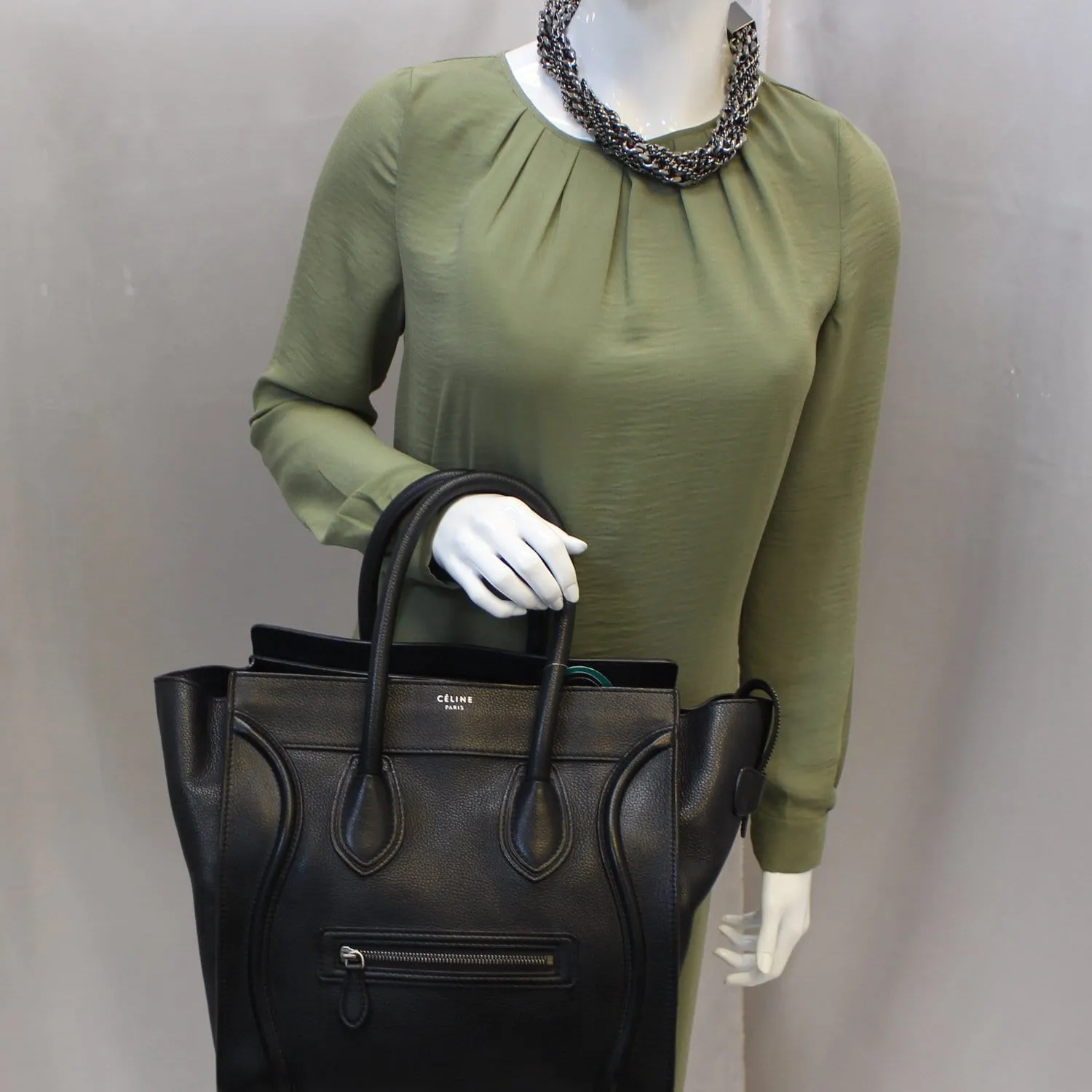 CELINE Black Leather Mini Luggage Tote Bag