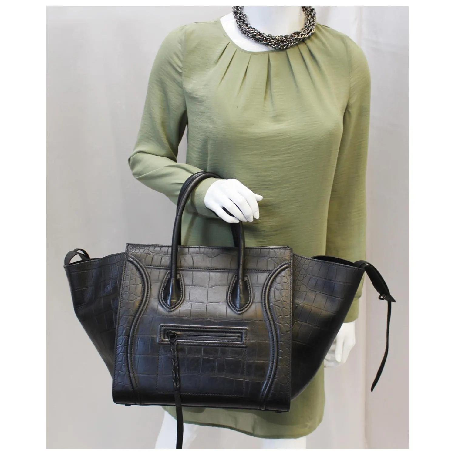 CELINE Croc Stamped Embossed Leather Medium Phantom Luggage Tote Bag