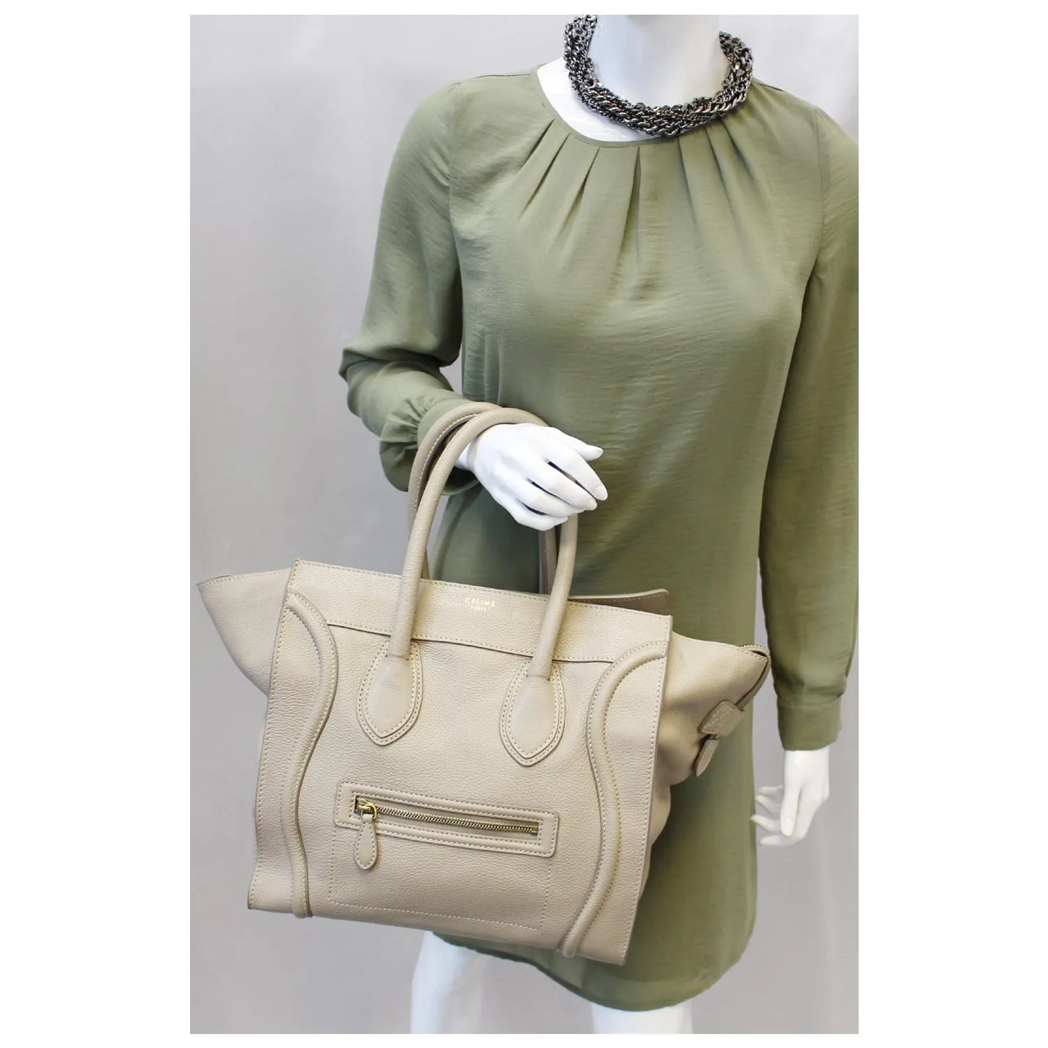 Celine Drummed Calfskin Leather Mini Luggage Tote Bag Dune