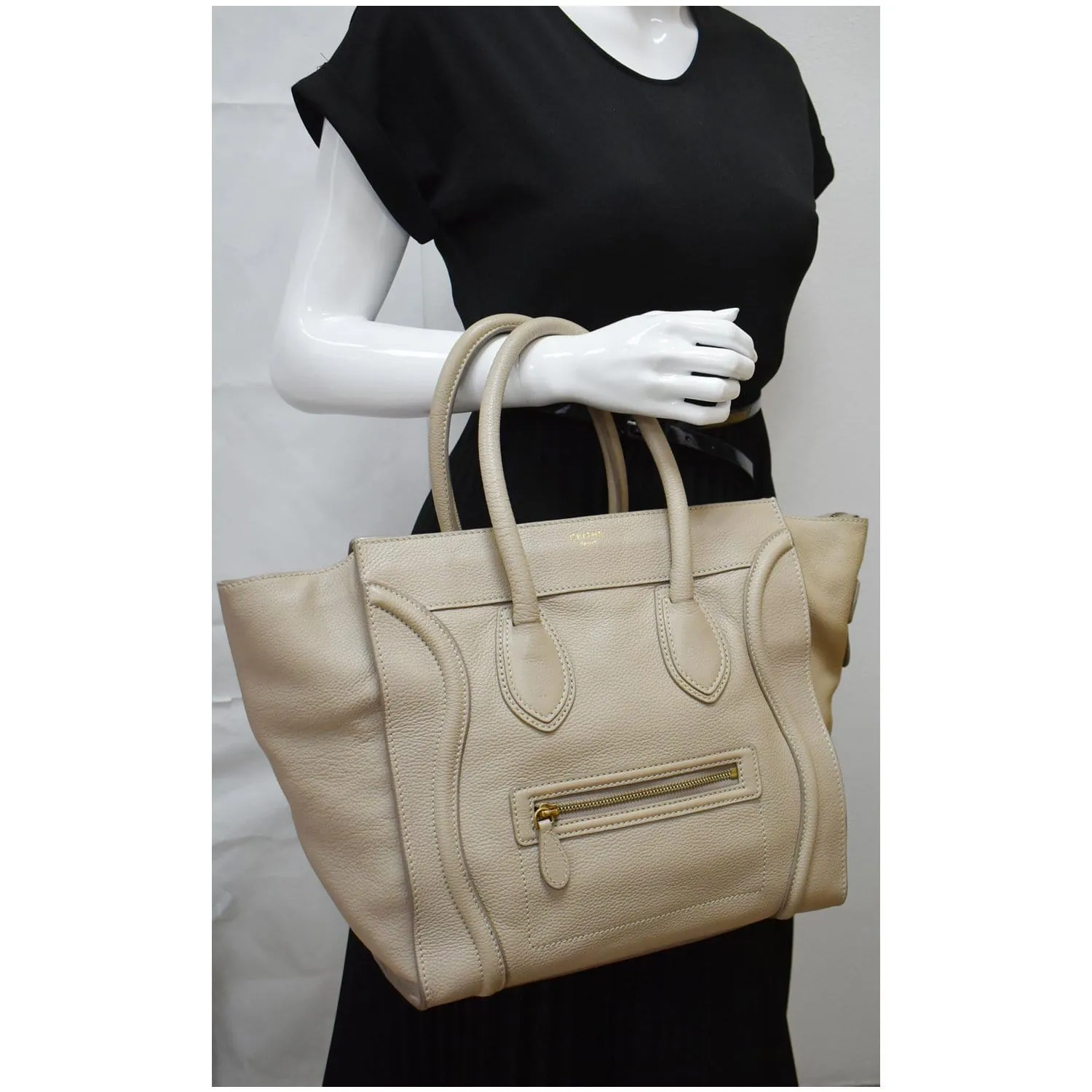 CELINE Drummed Mini Luggage Calfskin Leather Tote Bag Dune