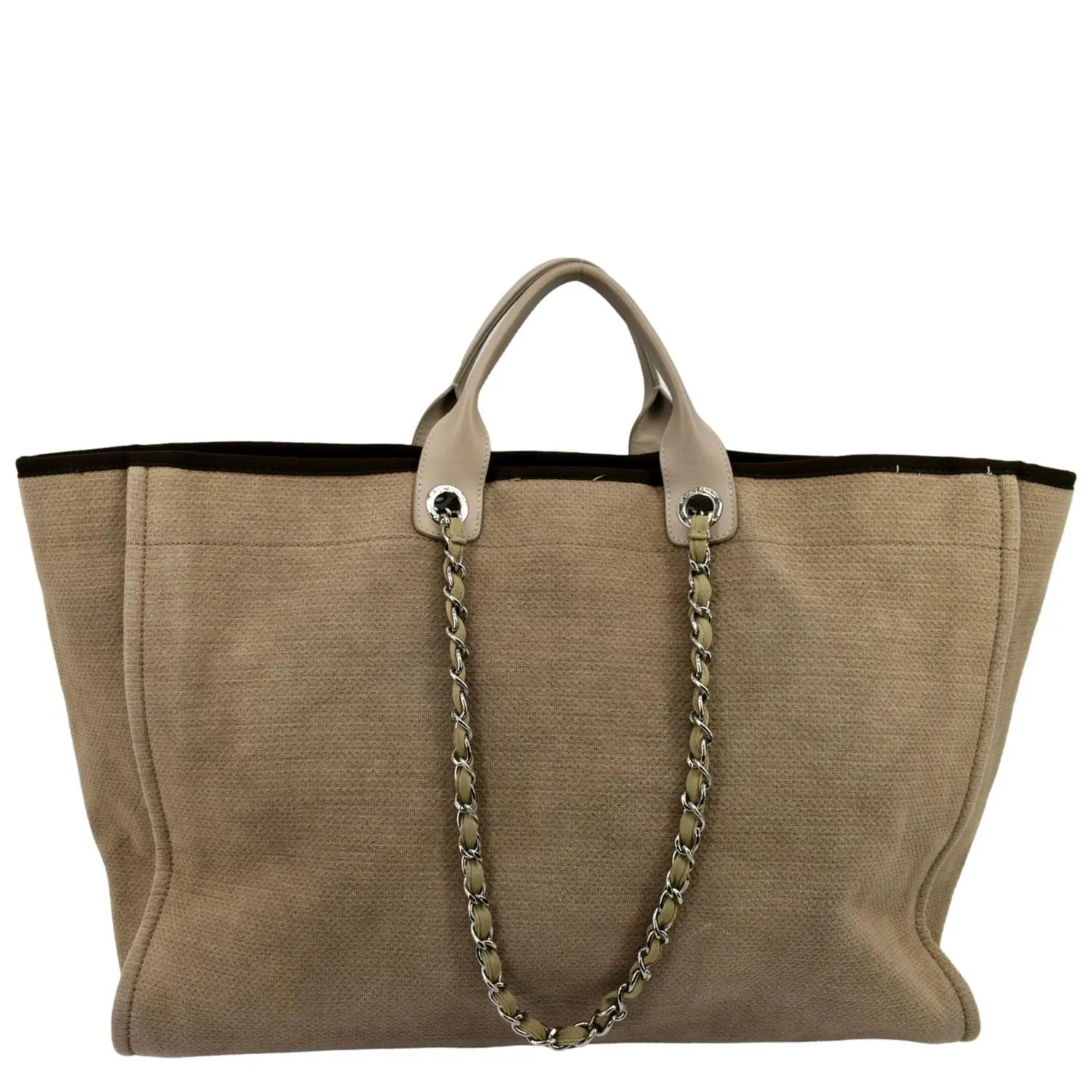 CHANEL Extra Large Deauville Canvas Tote Shoulder Bag Beige