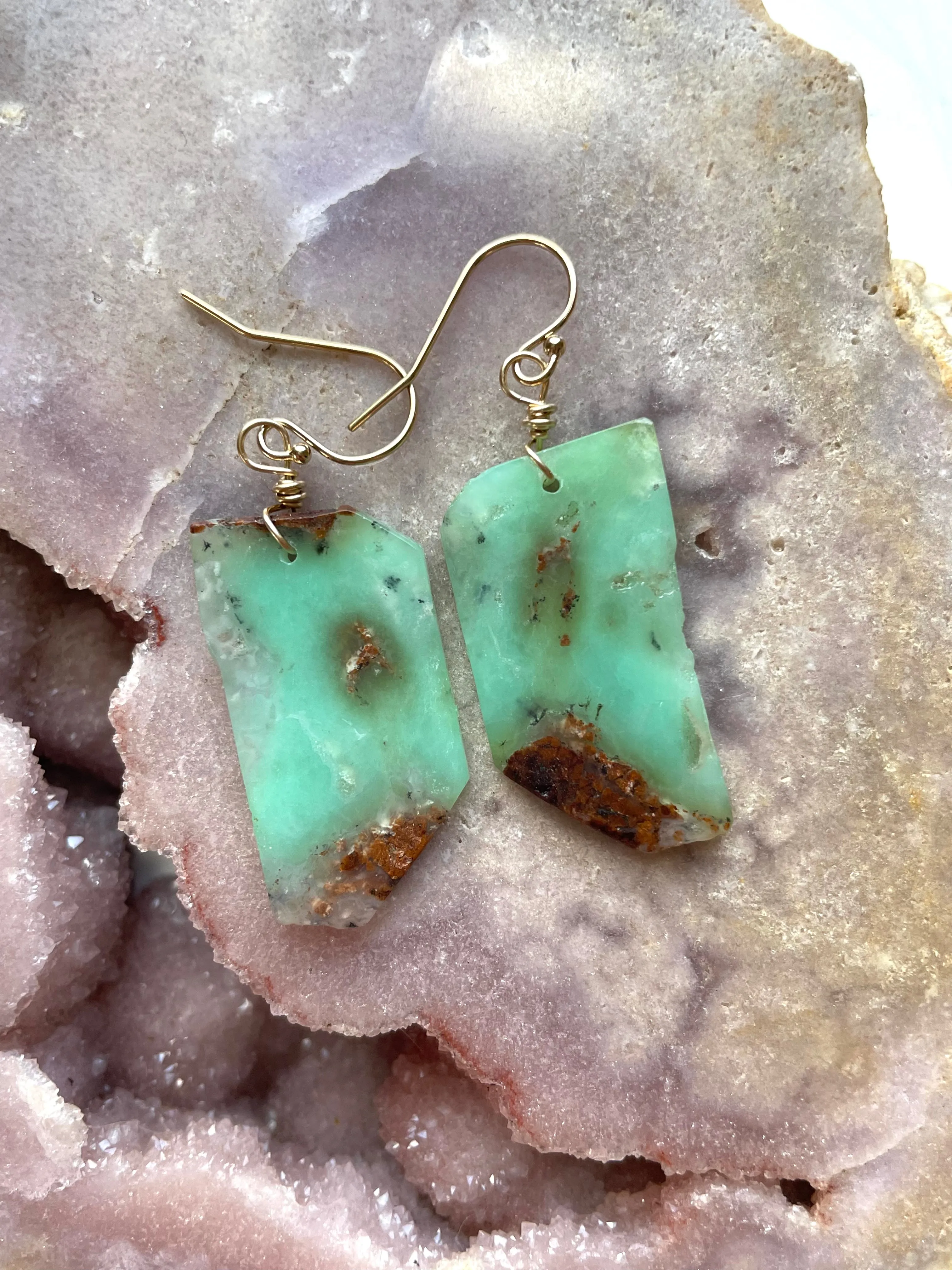Chrysoprase Statement Earrings Gold Fill