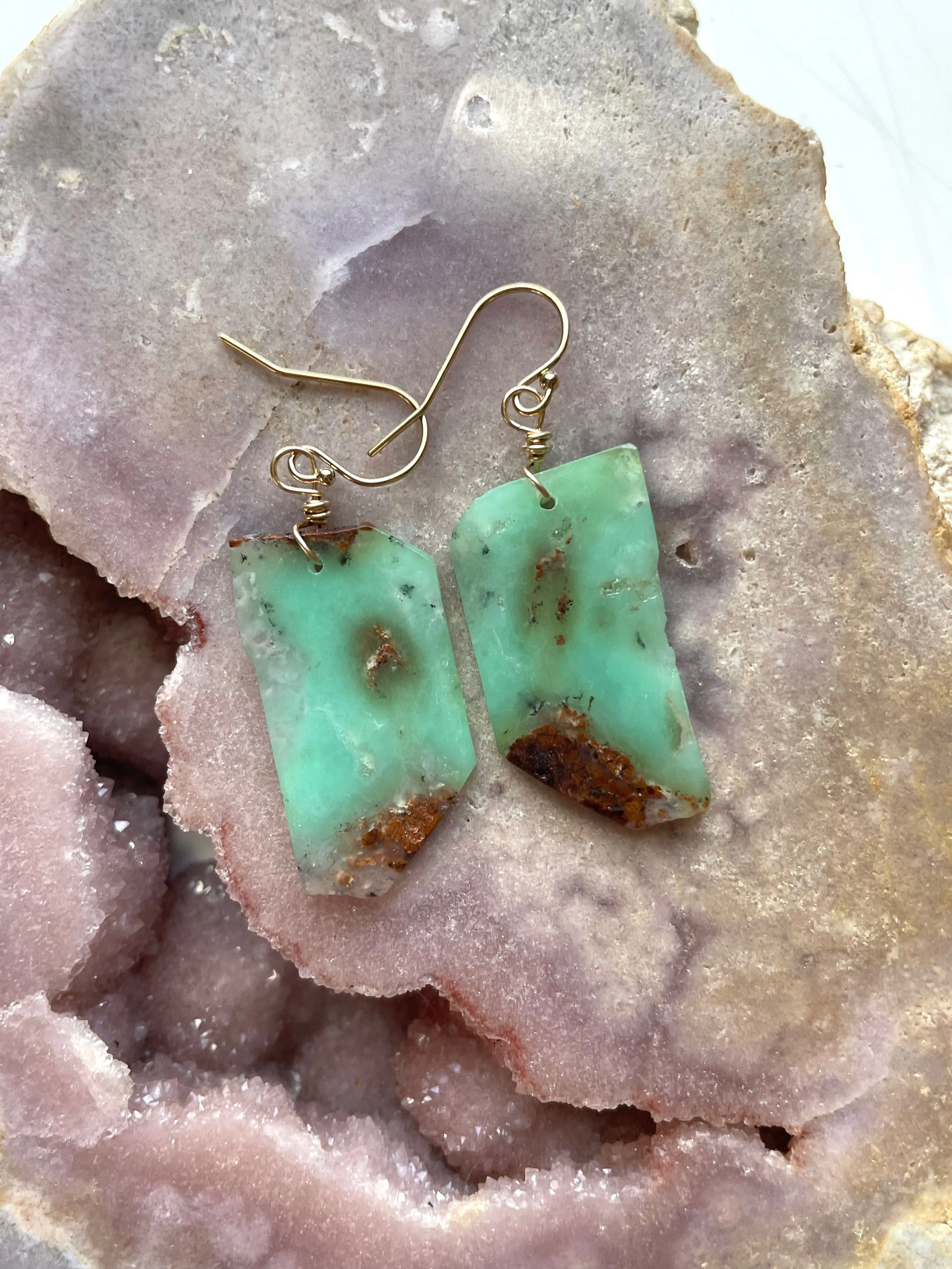 Chrysoprase Statement Earrings Gold Fill