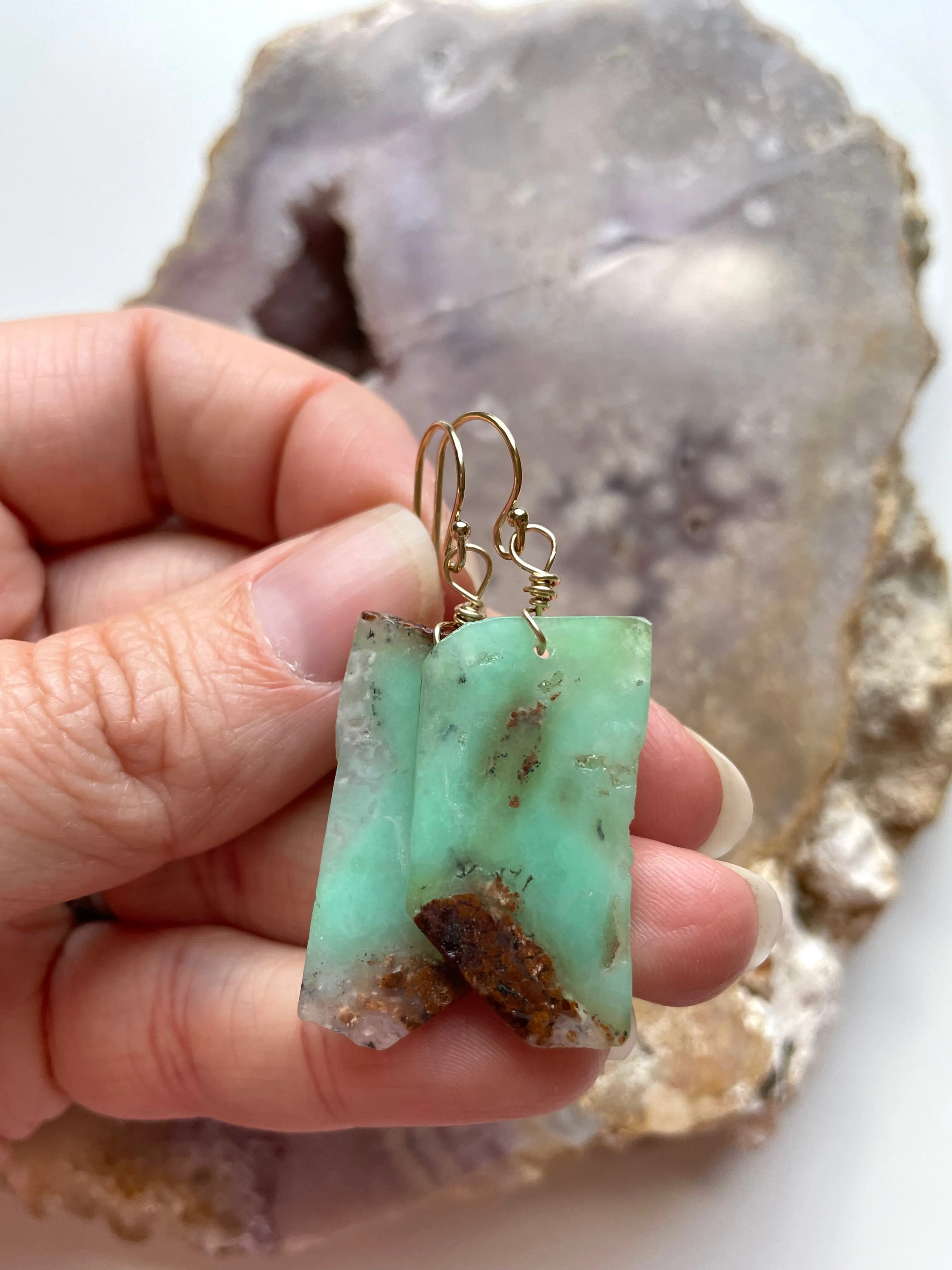 Chrysoprase Statement Earrings Gold Fill
