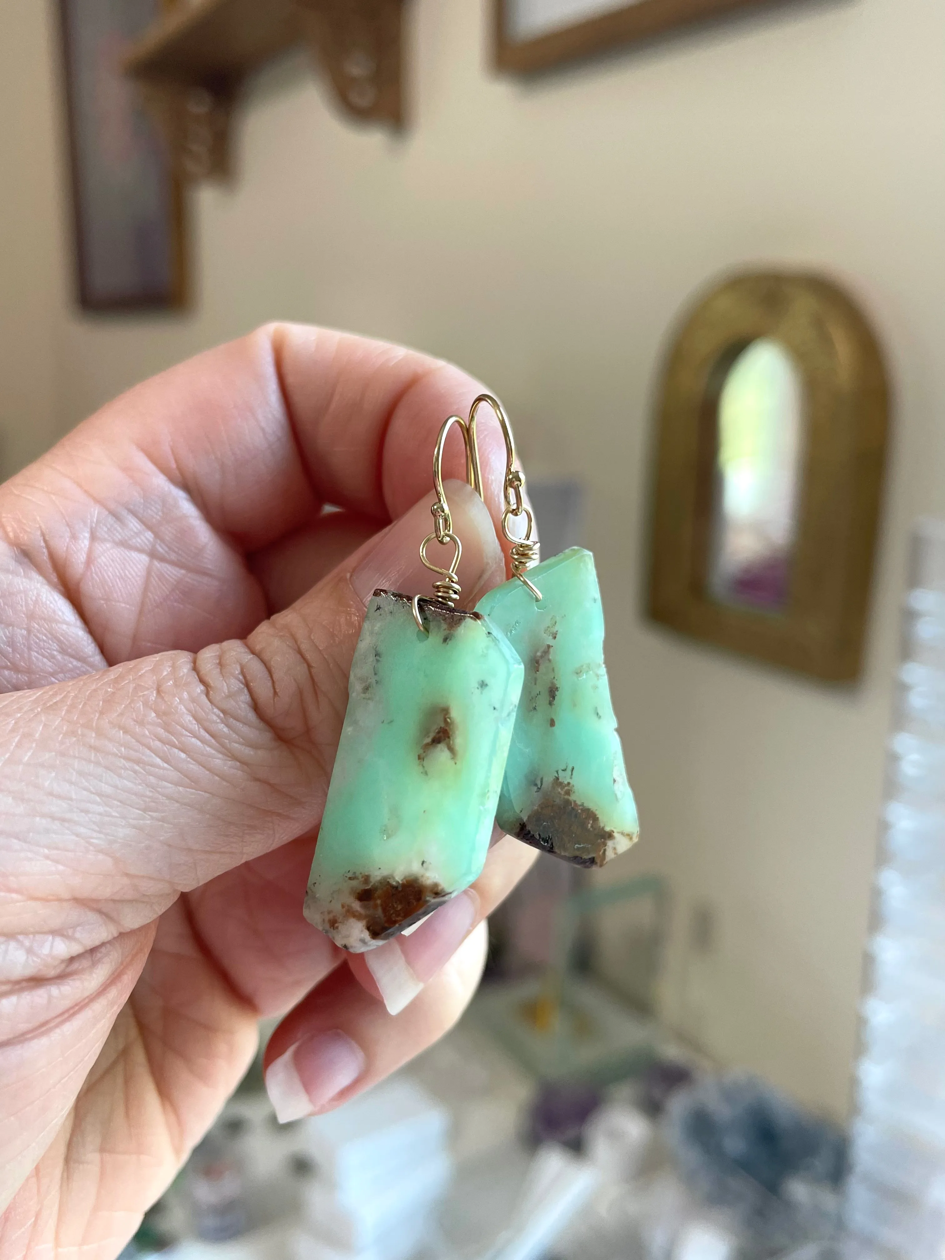 Chrysoprase Statement Earrings Gold Fill