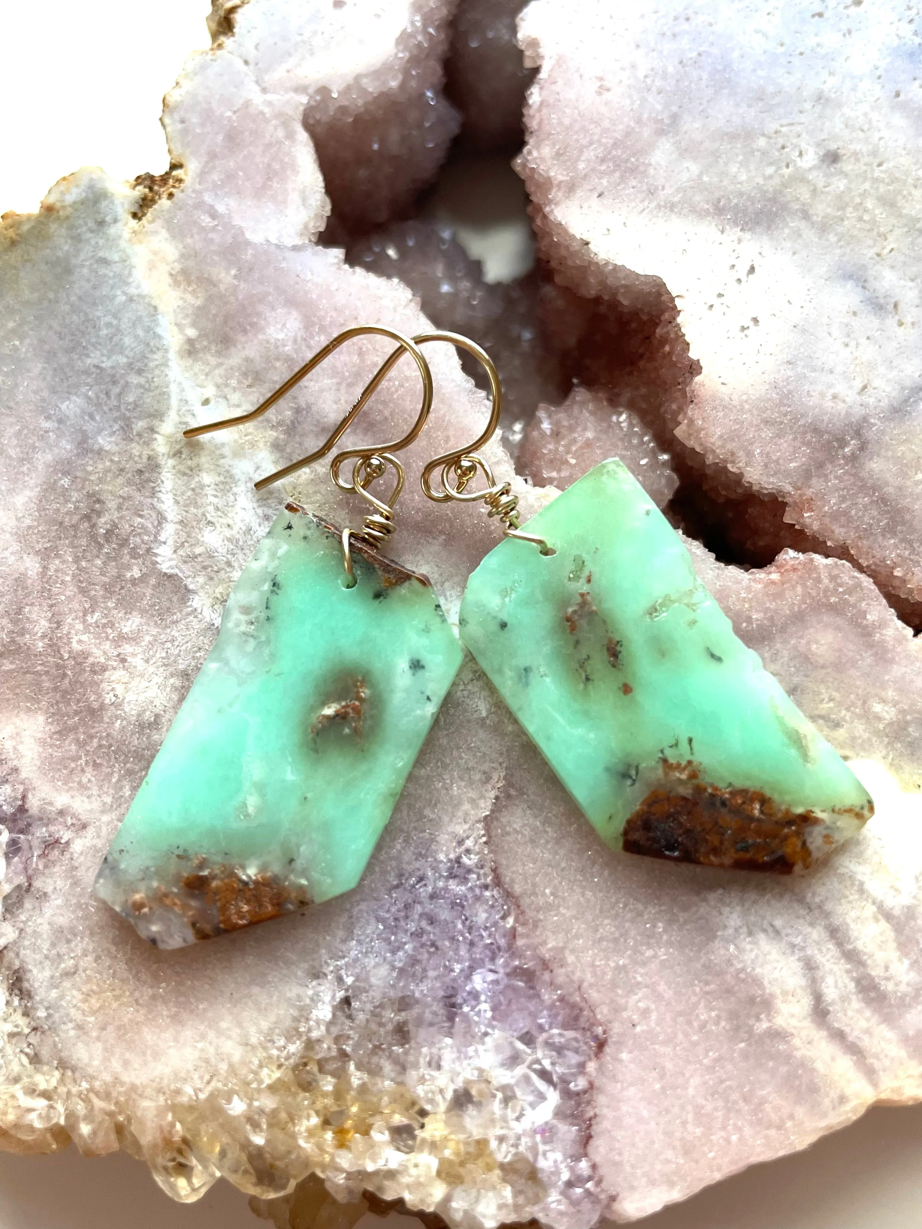 Chrysoprase Statement Earrings Gold Fill
