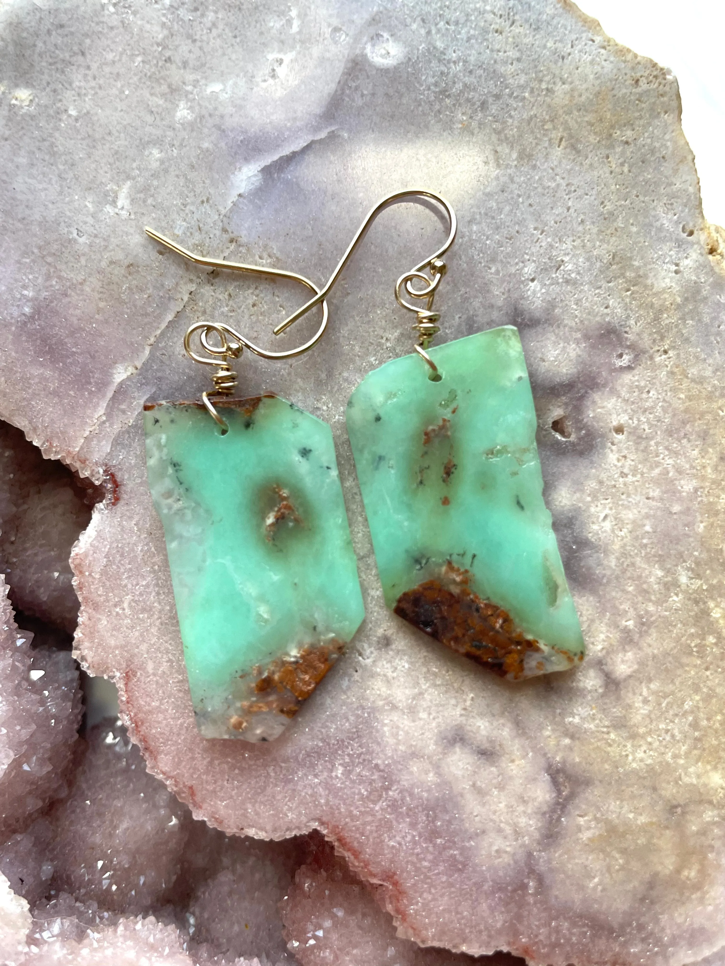 Chrysoprase Statement Earrings Gold Fill