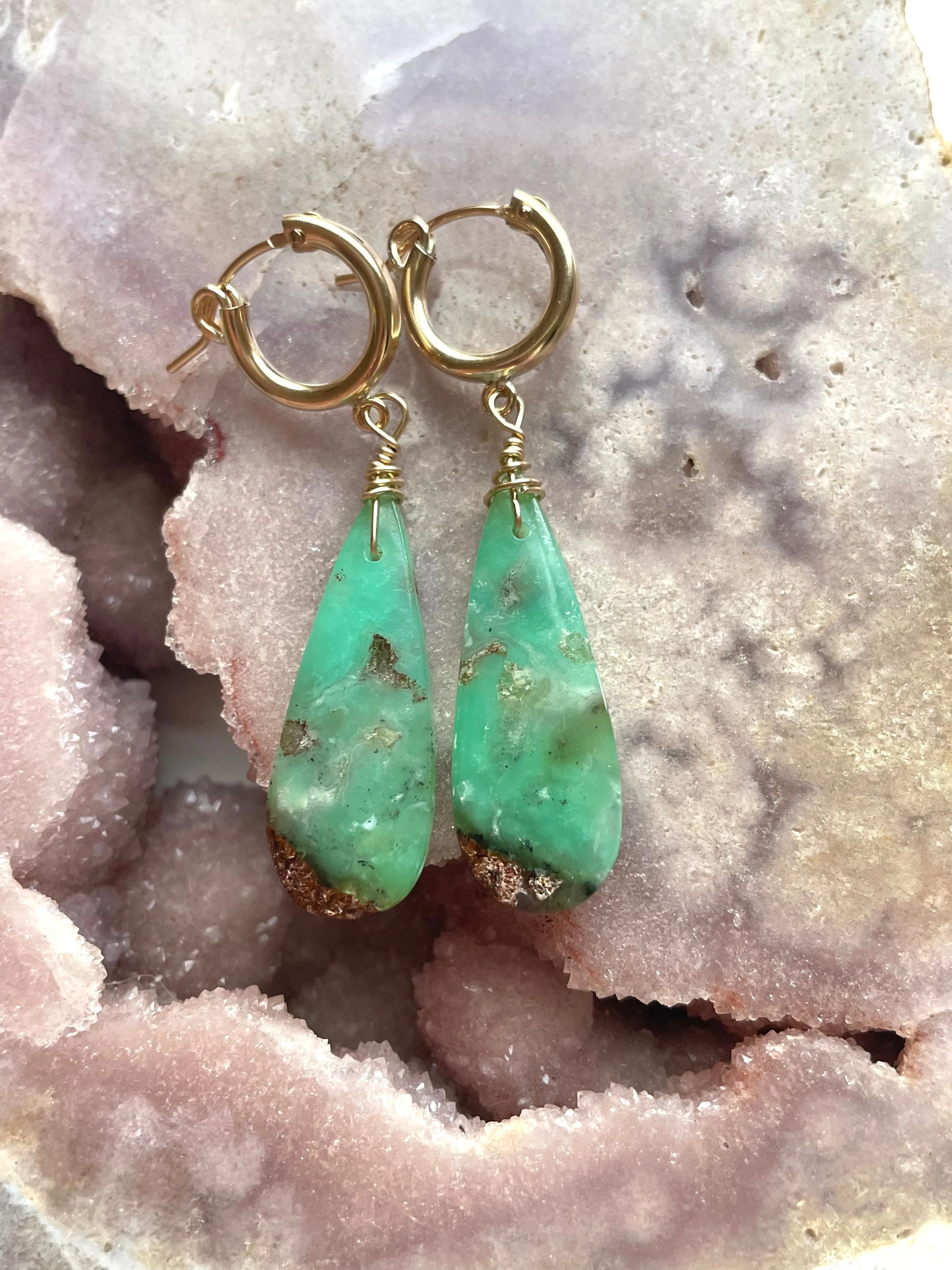 Chrysoprase Statement Hoop Earrings Gold Fill