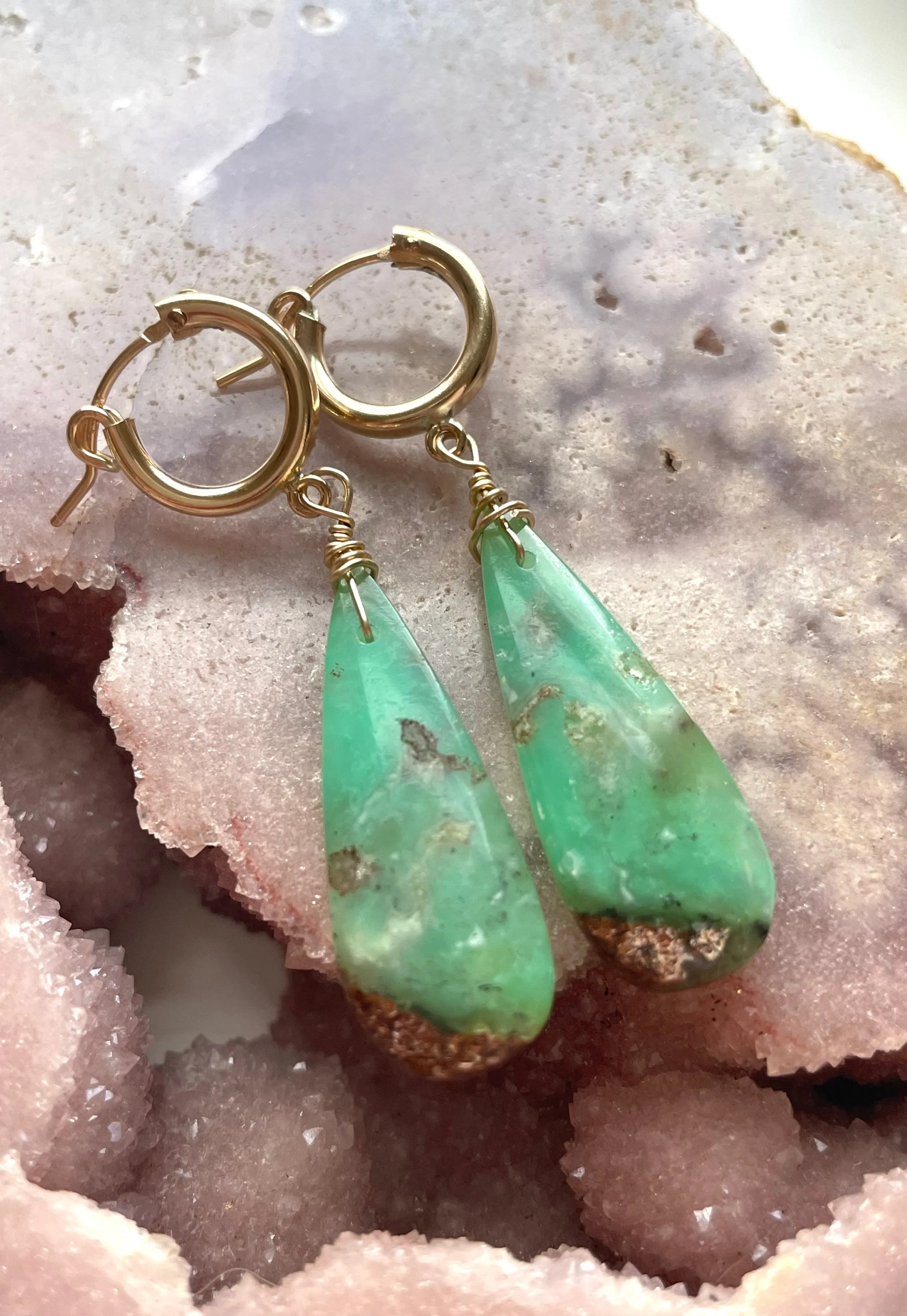 Chrysoprase Statement Hoop Earrings Gold Fill