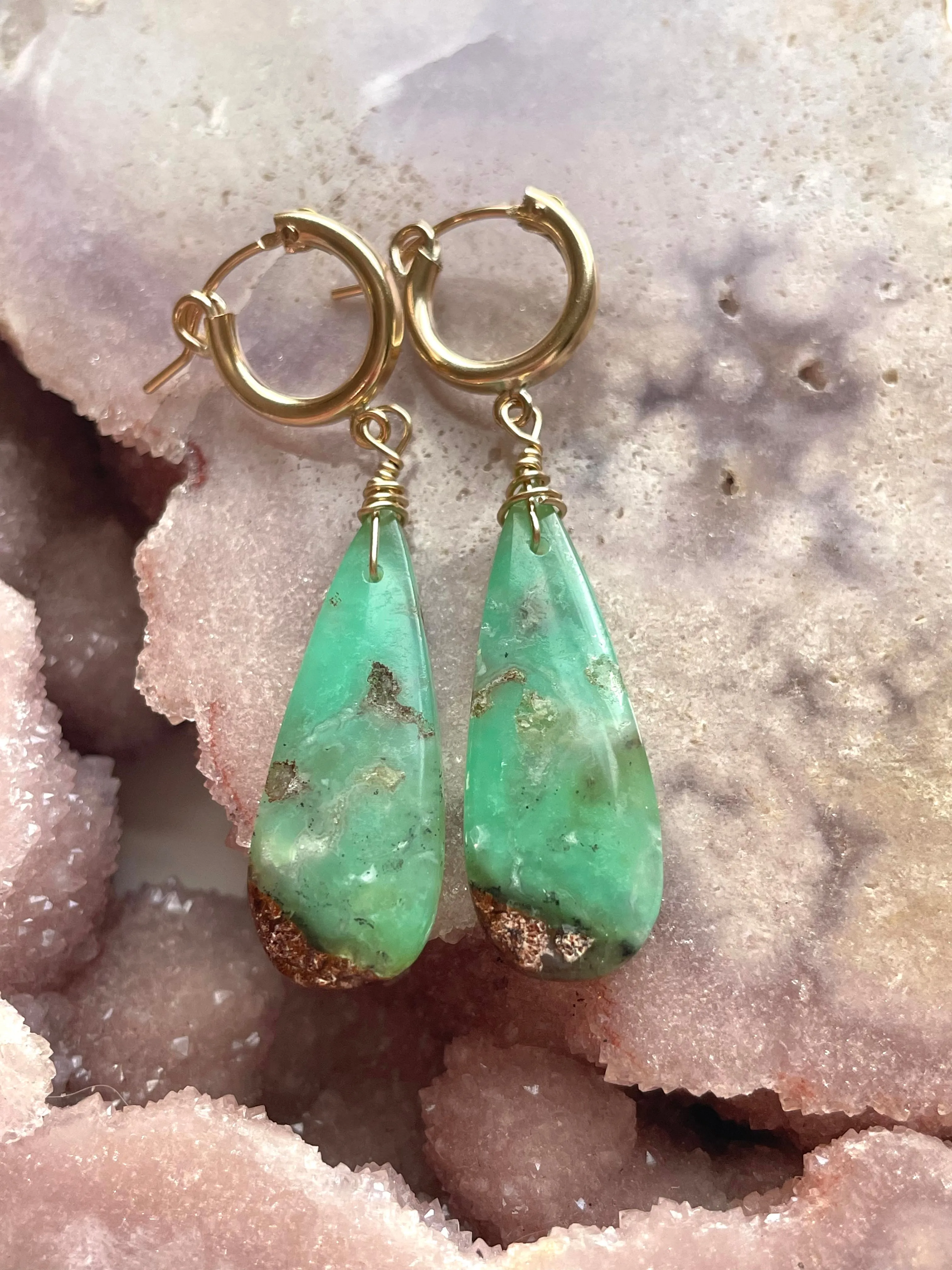 Chrysoprase Statement Hoop Earrings Gold Fill