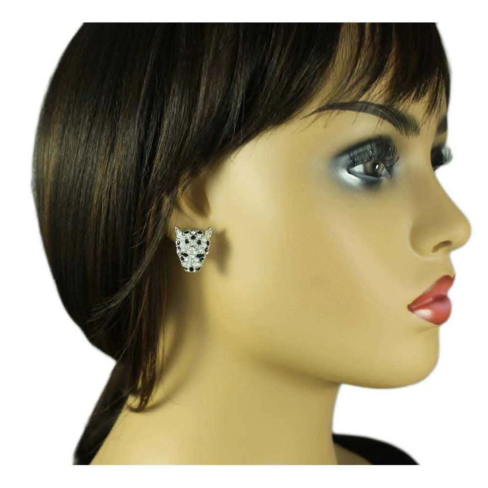 Crystal Silver Leopard Head Pierced Earring - REC557S