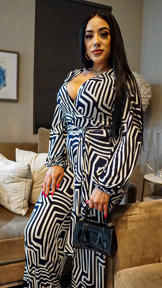 Deep Cross Long Sleeve Wide leg Jumpsuit