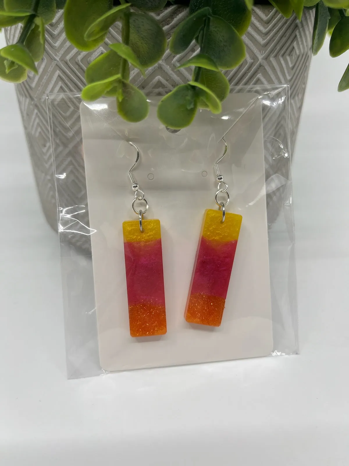 Earrings - Resin Sun Set Fade Rectangle Earrings with Copper Glitter 2 1/2" drop