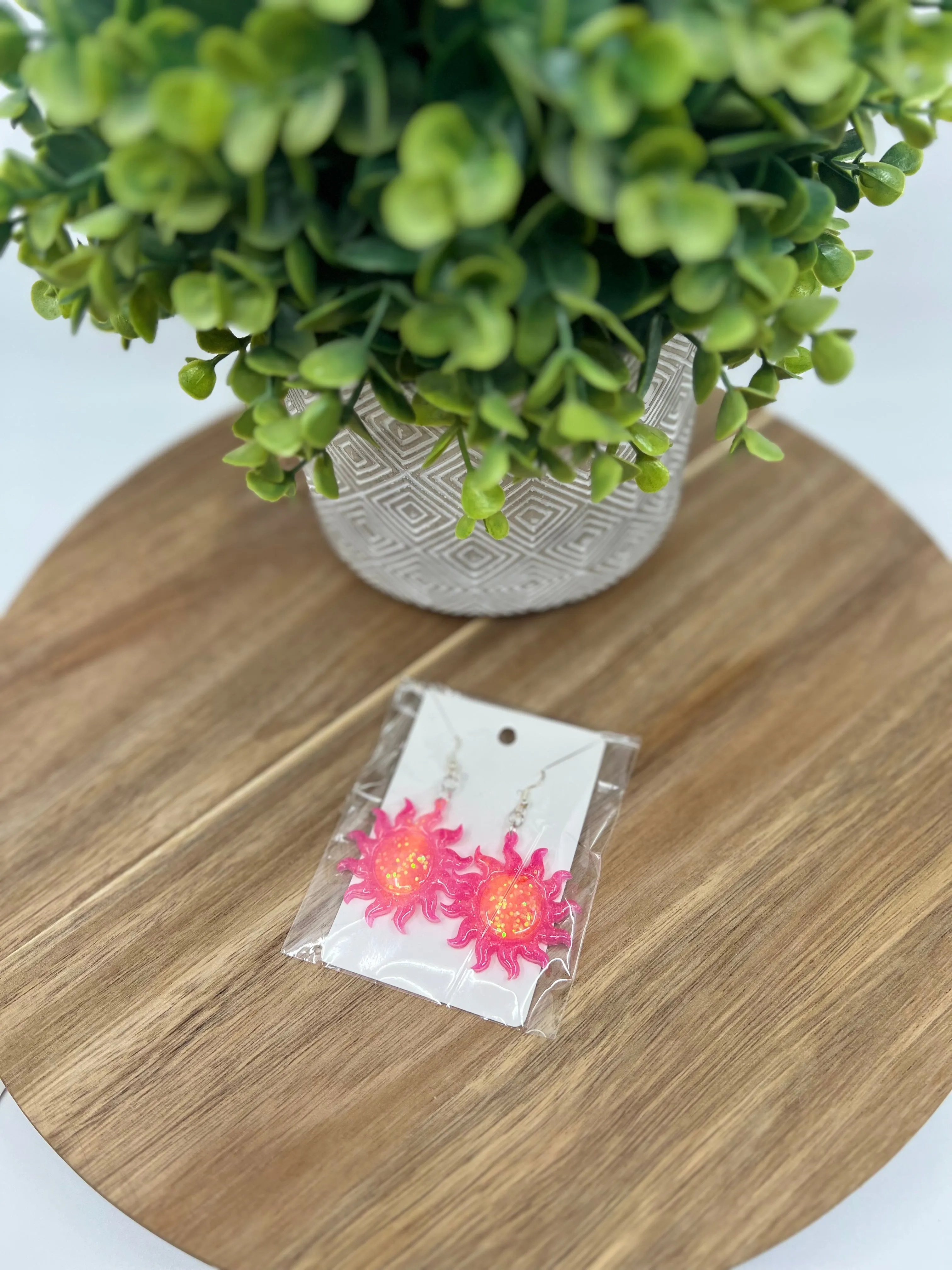 Earrings - Resin Sun Shaped Earrings with Pink and Orange Glitter
