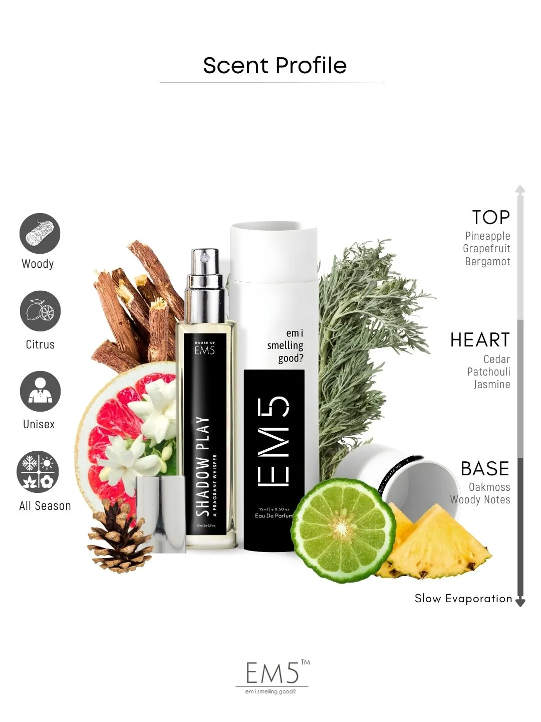 EM5™ Shadow Play Unisex Perfume EDP Spray | Earthy Woody Sweet Citrus Fragrance for Men & Women | Luxury Gift for Him / Her | Variants Available: 50 ml Spray / 15 ml Spray