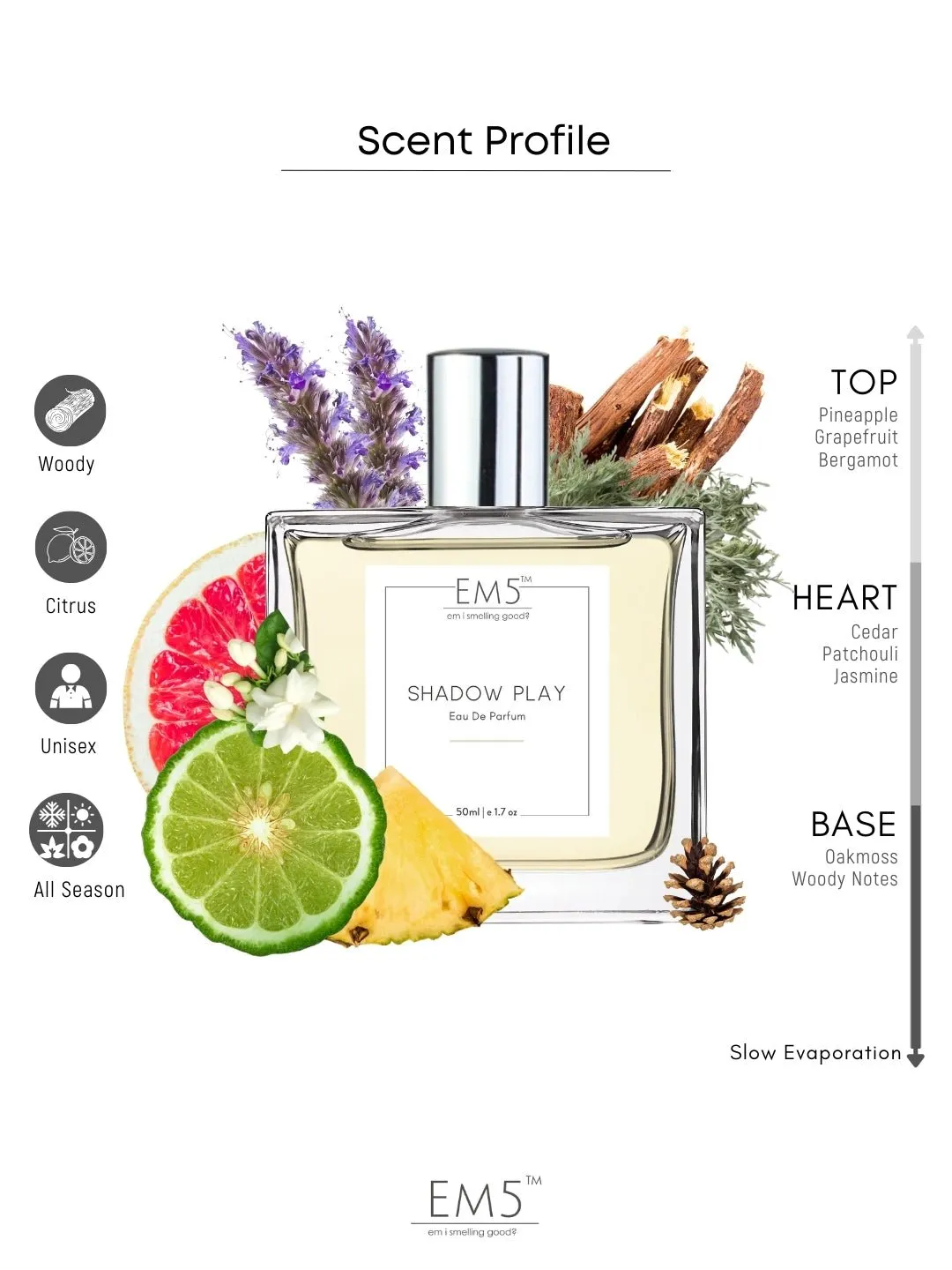EM5™ Shadow Play Unisex Perfume EDP Spray | Earthy Woody Sweet Citrus Fragrance for Men & Women | Luxury Gift for Him / Her | Variants Available: 50 ml Spray / 15 ml Spray