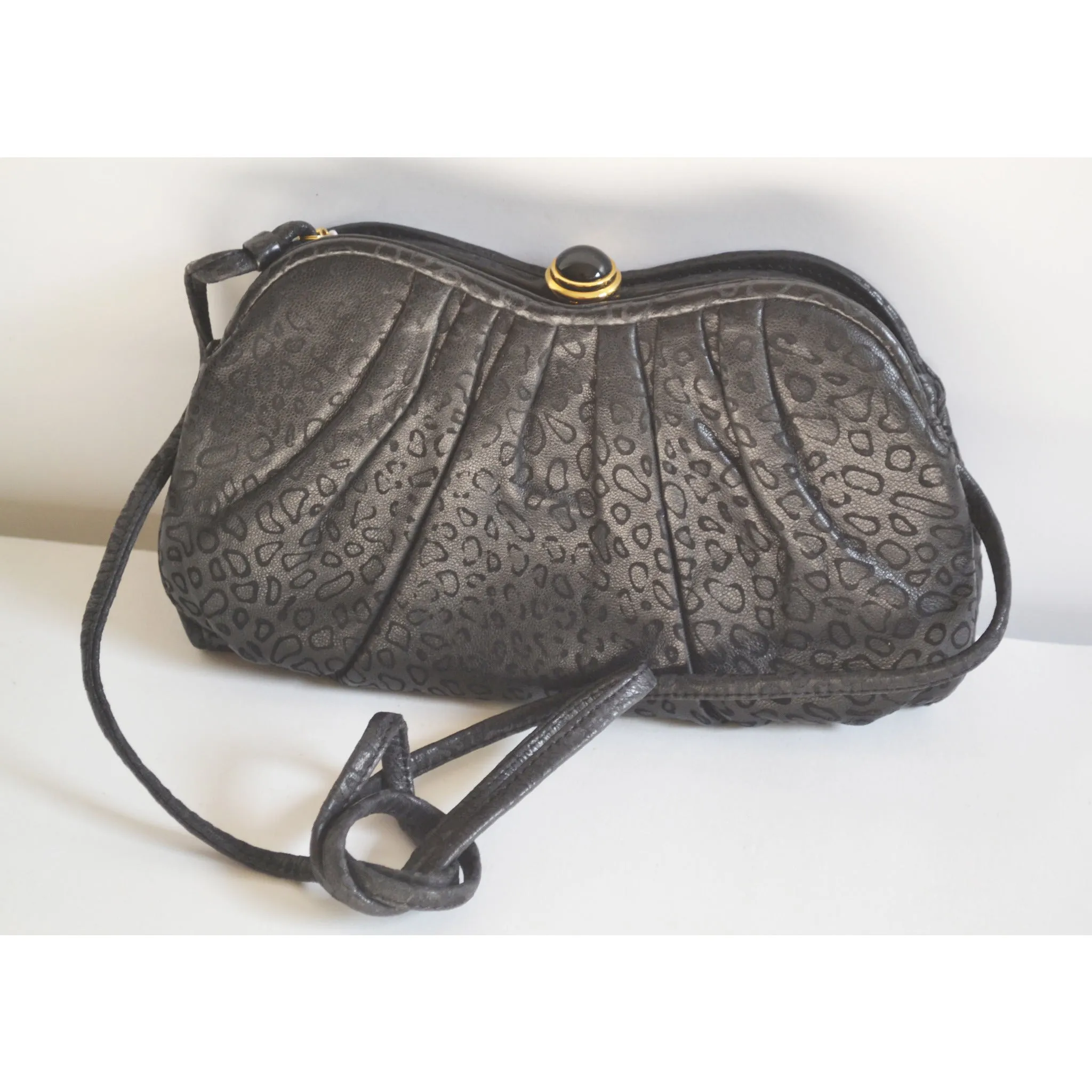 Embossed Black Leather Clutch Purse By Tiras