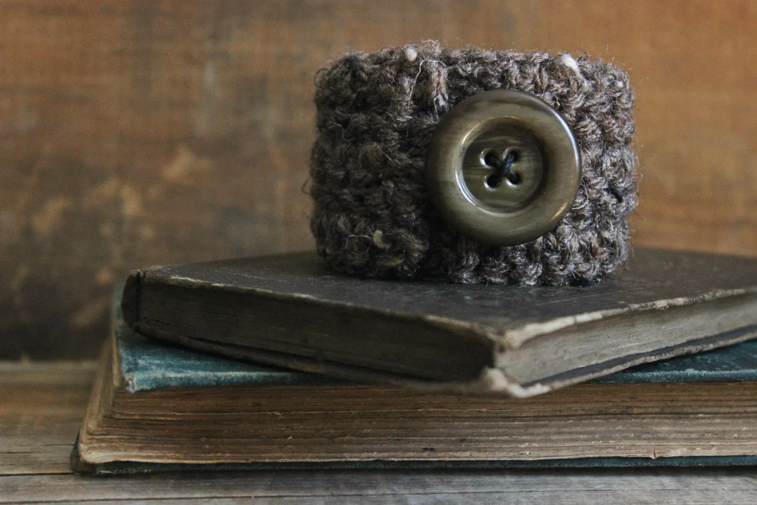 Fallow. Earthy Hand Crocheted Vintage Button Cuff Bracelet.
