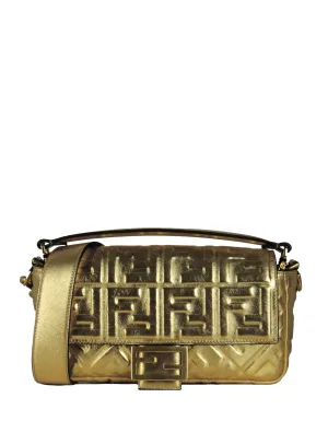 Fendi Gold Leather Embossed Logo Baguette NM Bag w/ Two Straps