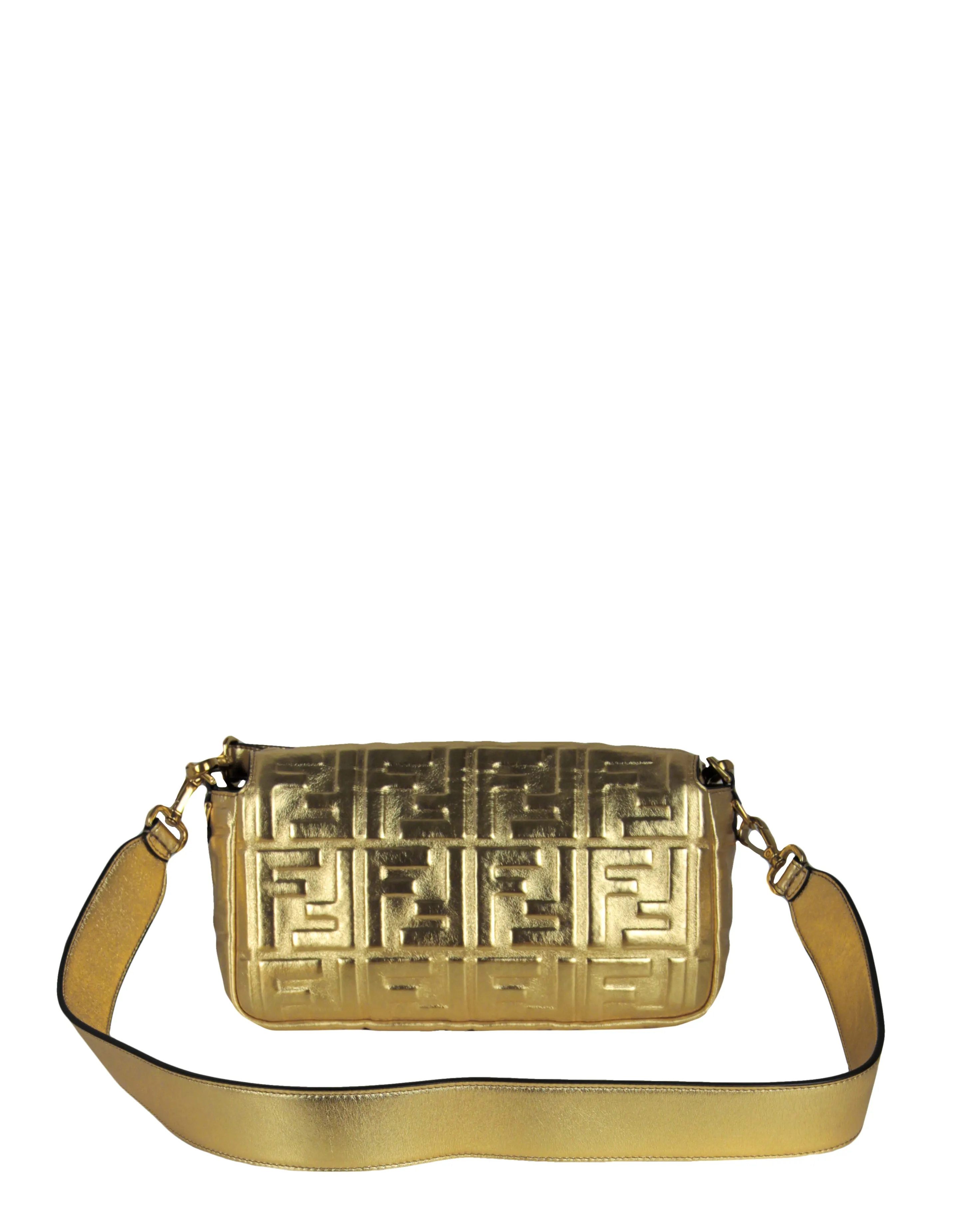 Fendi Gold Leather Embossed Logo Baguette NM Bag w/ Two Straps