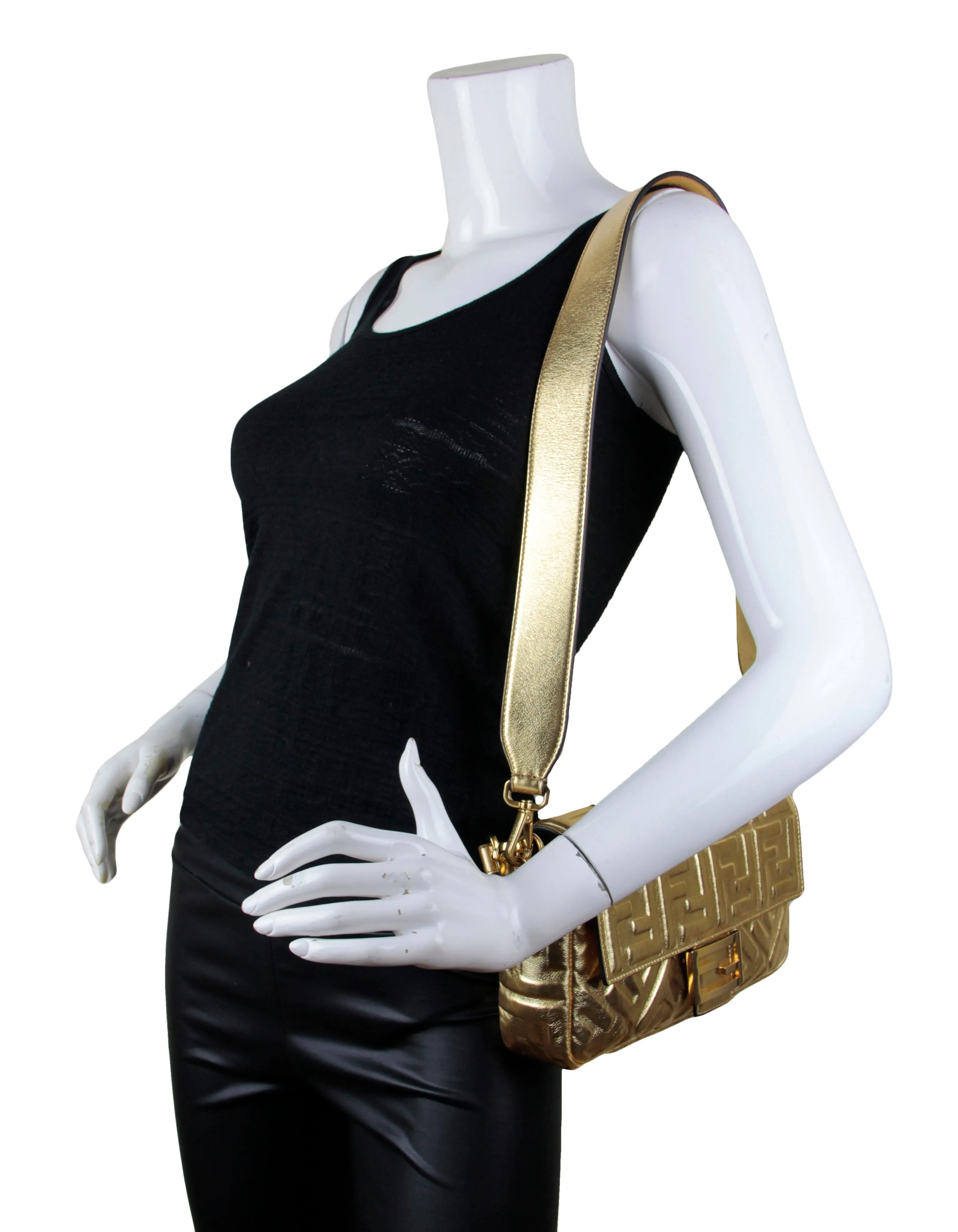 Fendi Gold Leather Embossed Logo Baguette NM Bag w/ Two Straps