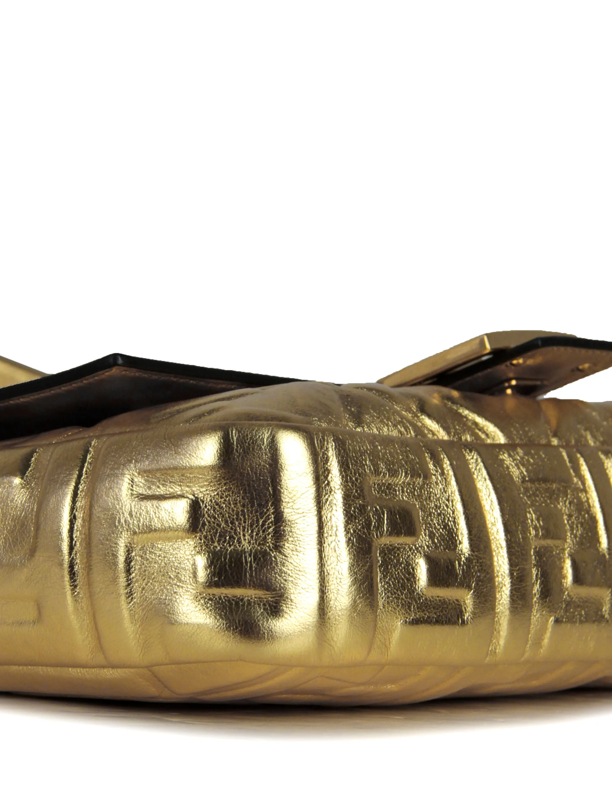 Fendi Gold Leather Embossed Logo Baguette NM Bag w/ Two Straps