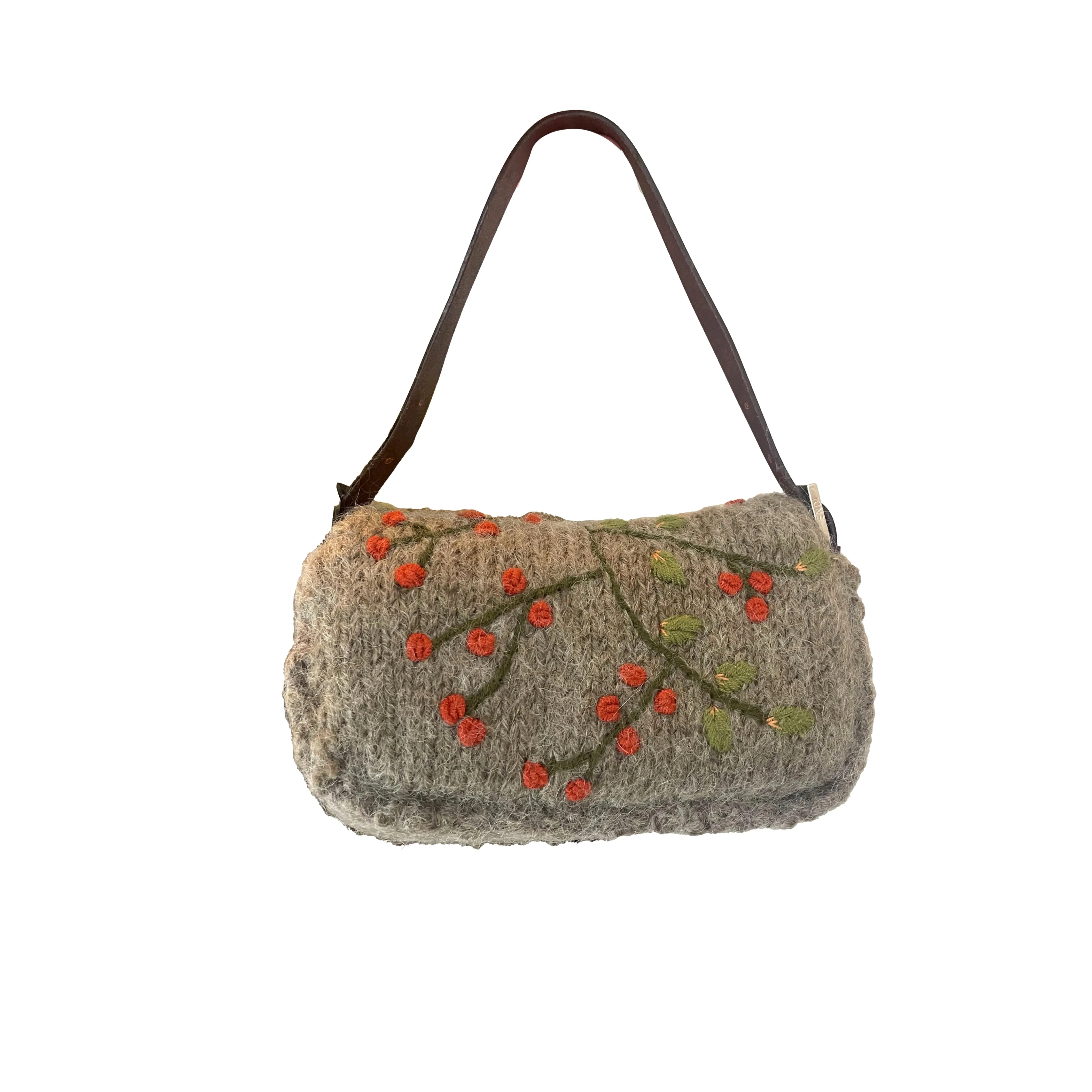 Fendi Grey Floral Wool Baguette