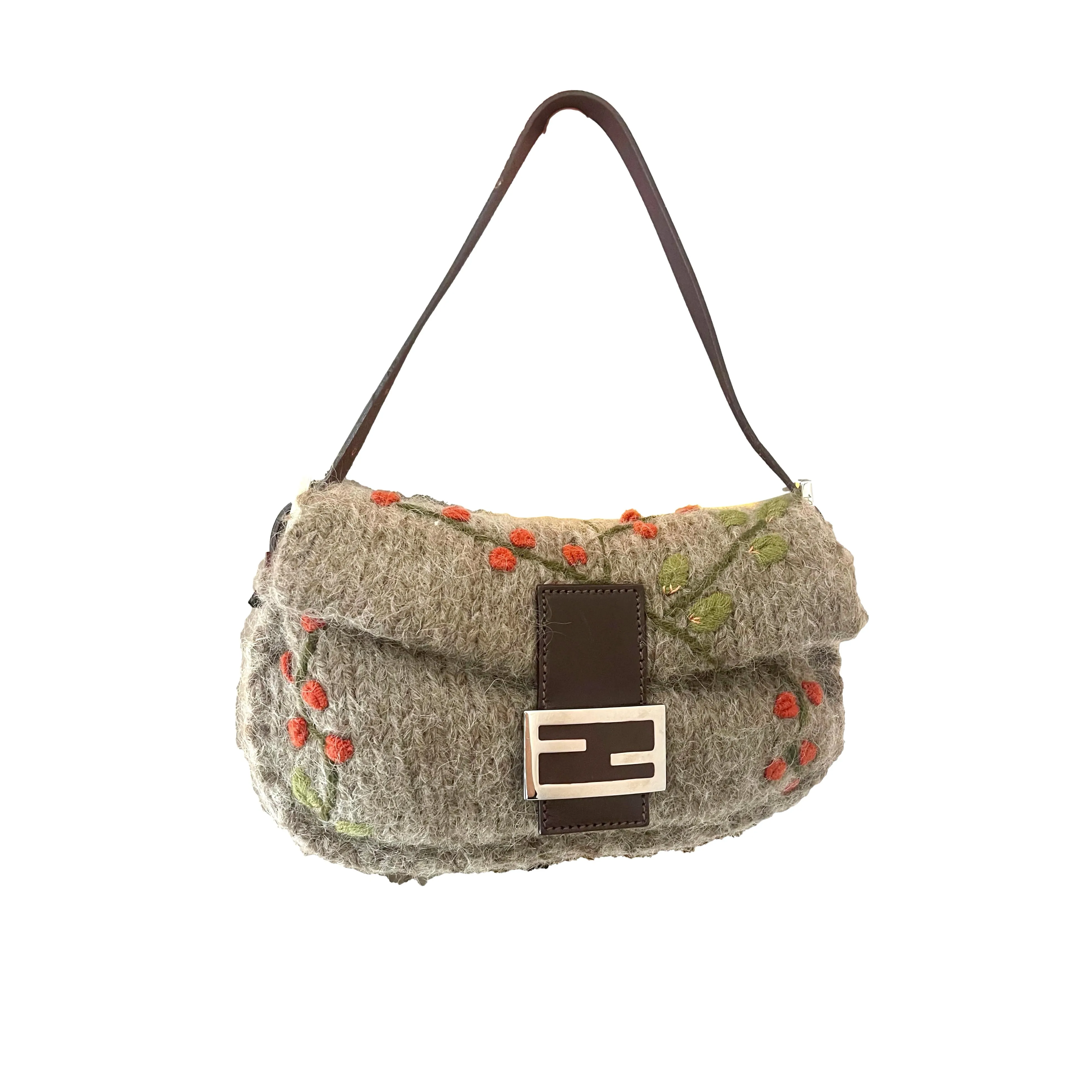 Fendi Grey Floral Wool Baguette