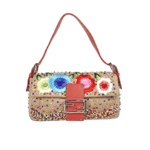 Fendi Tan Embroidered Floral Baguette