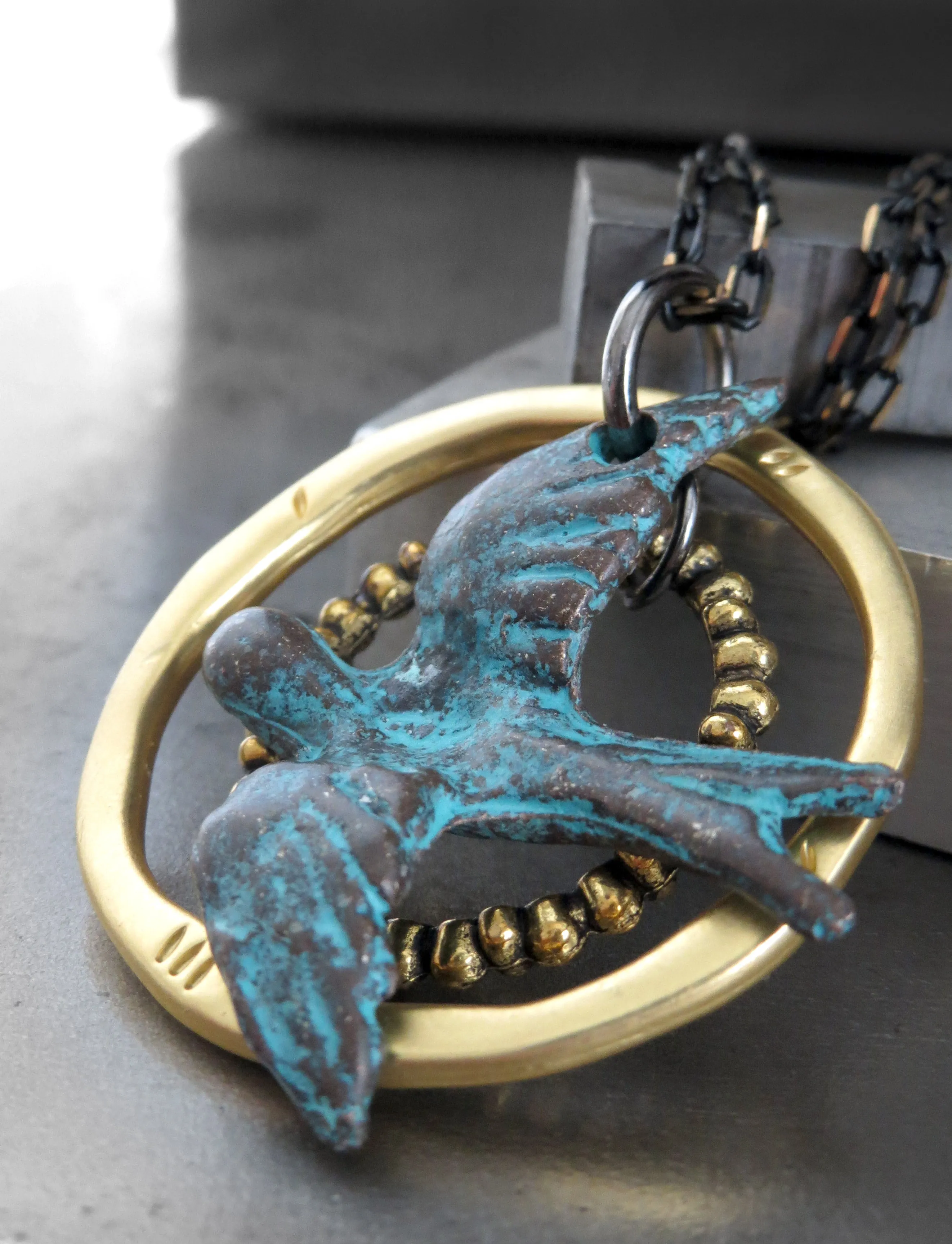 FREE SPIRIT - Flying Bird Pendant Necklace with Earthy Patina