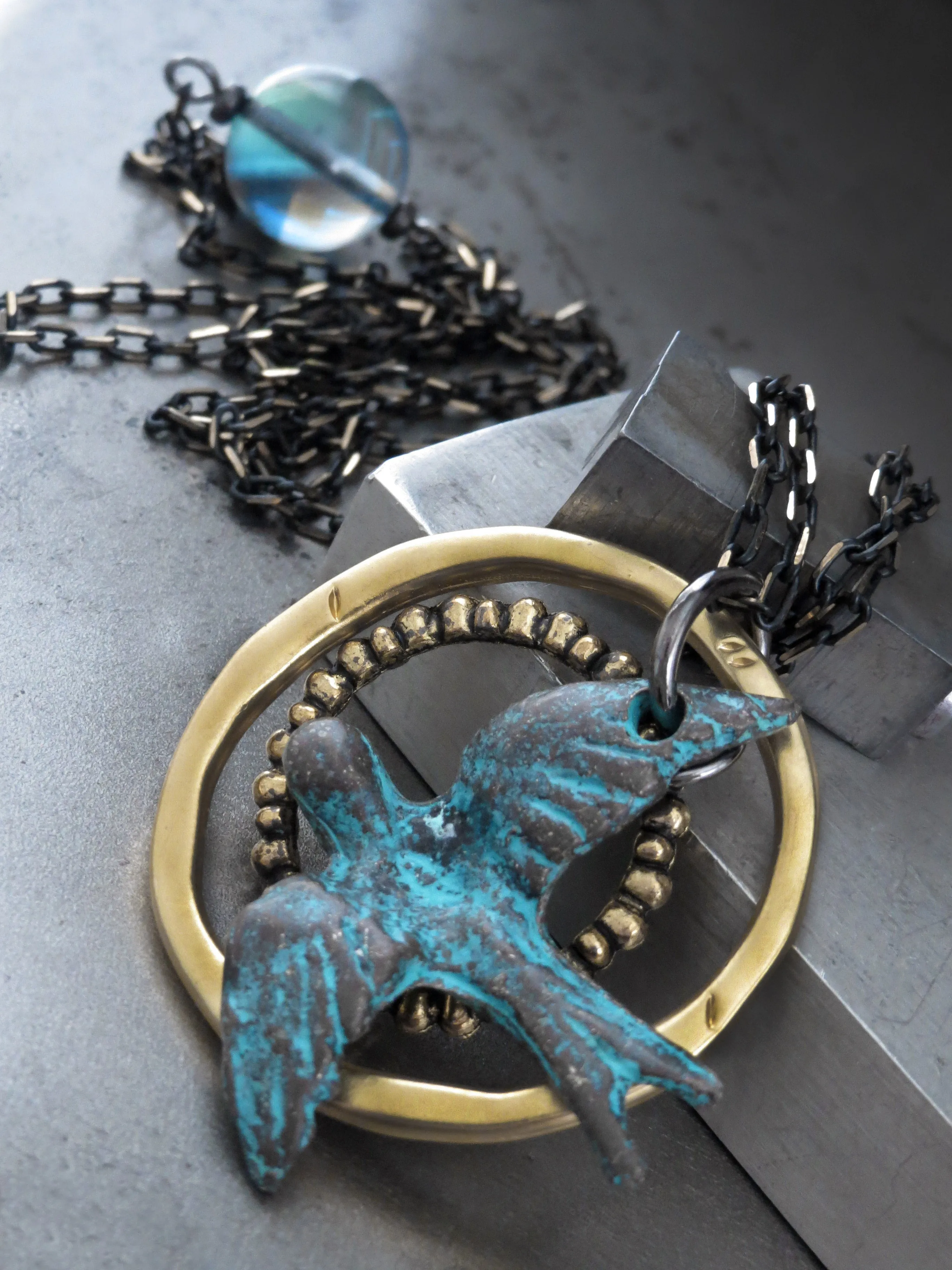 FREE SPIRIT - Flying Bird Pendant Necklace with Earthy Patina