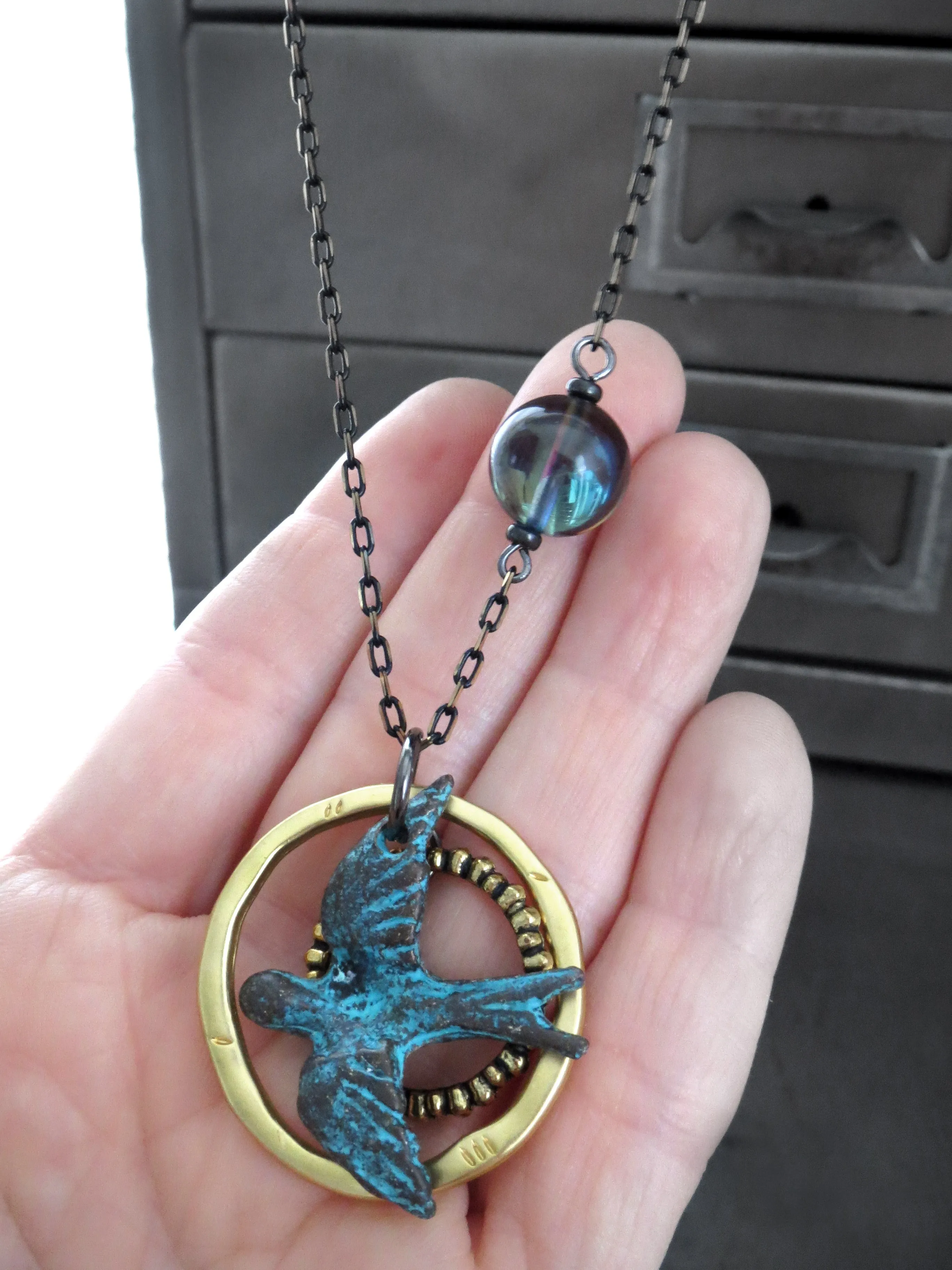FREE SPIRIT - Flying Bird Pendant Necklace with Earthy Patina