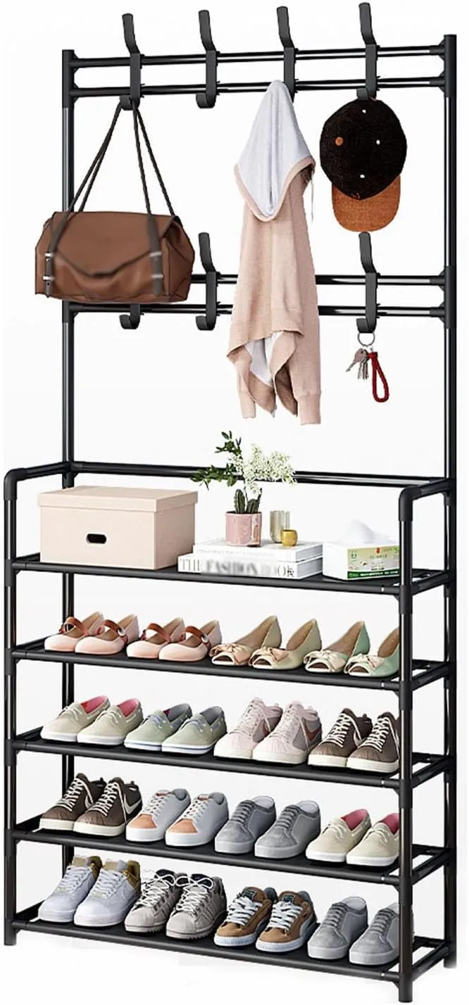 Freestanding Metal Clothes Hanger with Shoe Rack – Multi-Layer Organizer for Bedroom, Entrance, or Living Room (Waterproof Layer, Heavy-Duty Design)