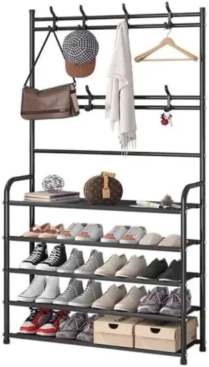Freestanding Metal Clothes Hanger with Shoe Rack – Multi-Layer Organizer for Bedroom, Entrance, or Living Room (Waterproof Layer, Heavy-Duty Design)