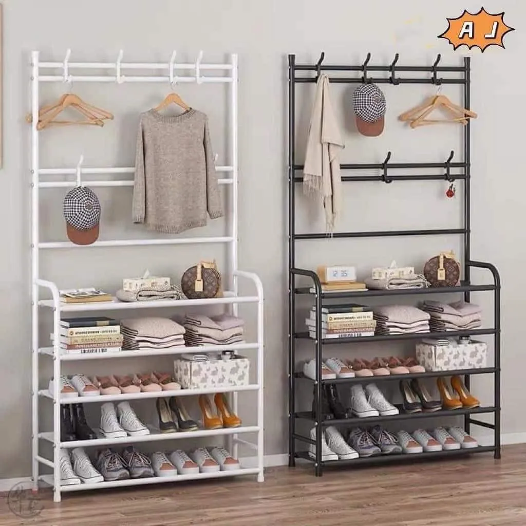 Freestanding Metal Clothes Hanger with Shoe Rack – Multi-Layer Organizer for Bedroom, Entrance, or Living Room (Waterproof Layer, Heavy-Duty Design)