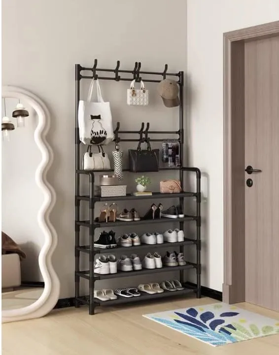 Freestanding Metal Clothes Hanger with Shoe Rack – Multi-Layer Organizer for Bedroom, Entrance, or Living Room (Waterproof Layer, Heavy-Duty Design)
