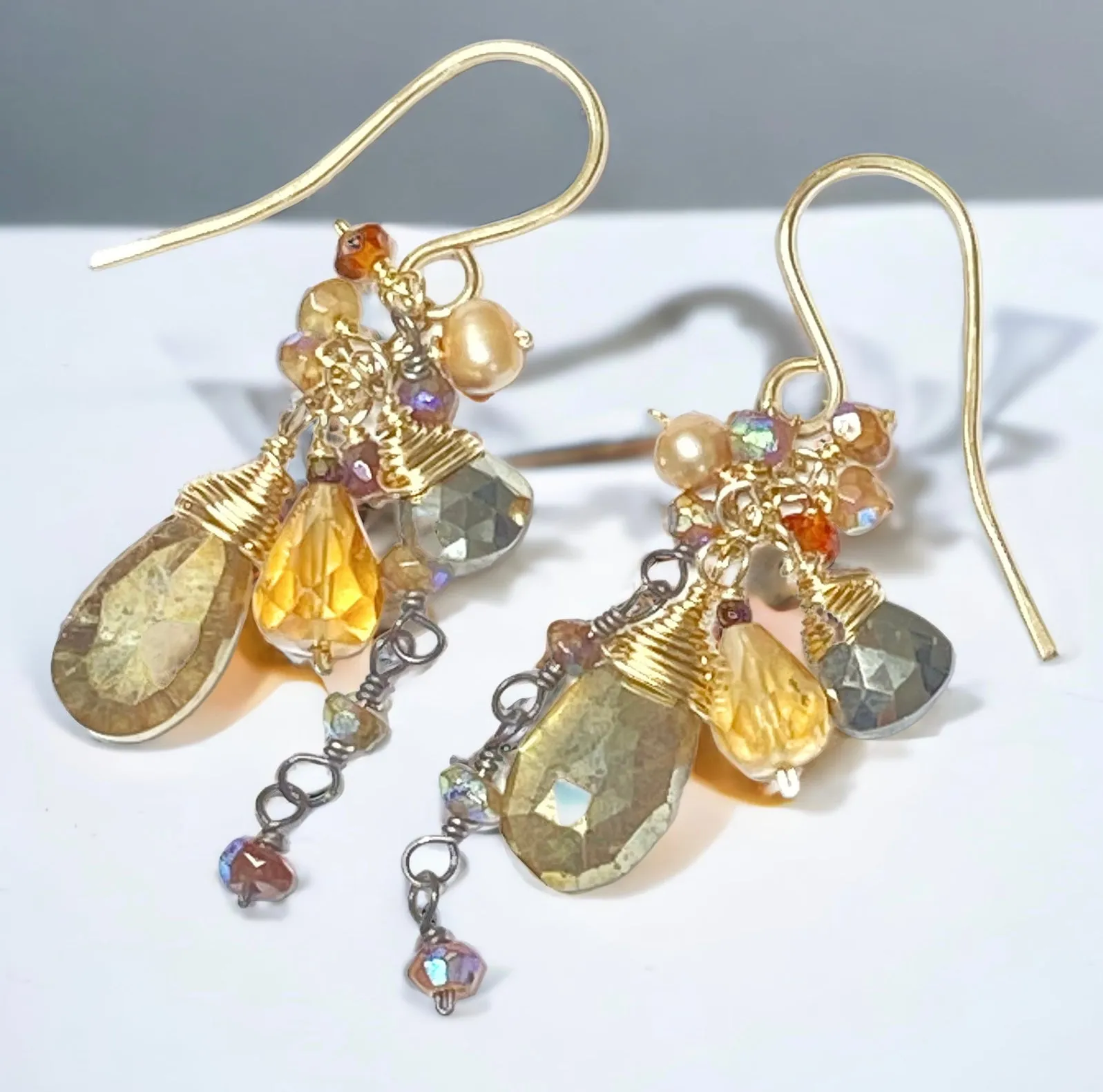 Gold Gemstone Sparkly Dangle Earrings