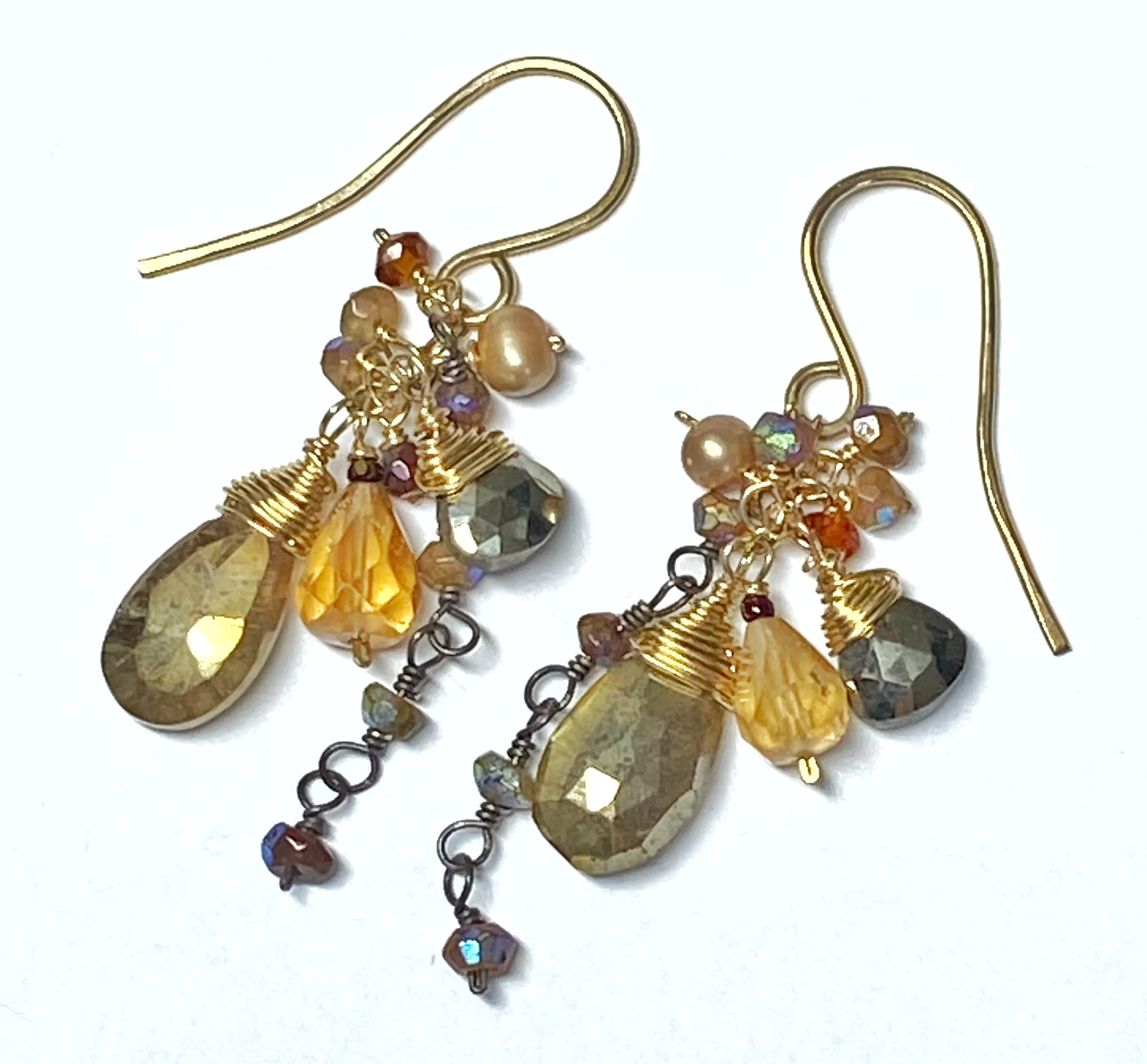 Gold Gemstone Sparkly Dangle Earrings