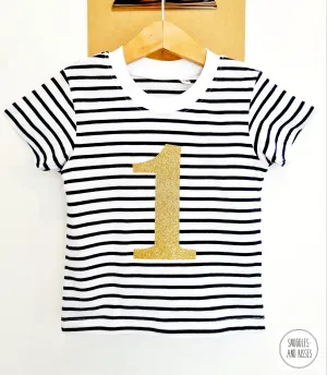 Gold Glitter Number 1 Stripe Birthday Tee